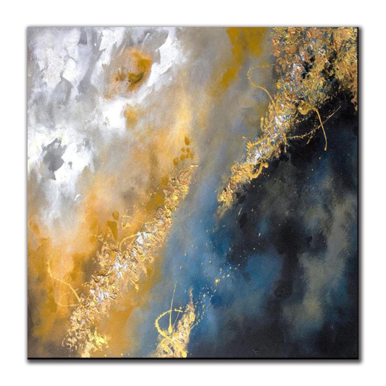Abstract Gold with Blue Black Art Canvas Paintings Posters and Prints Wall Art Pictures or Living Room Wall Home Decoration 90x90cm(35x35in) with Frame