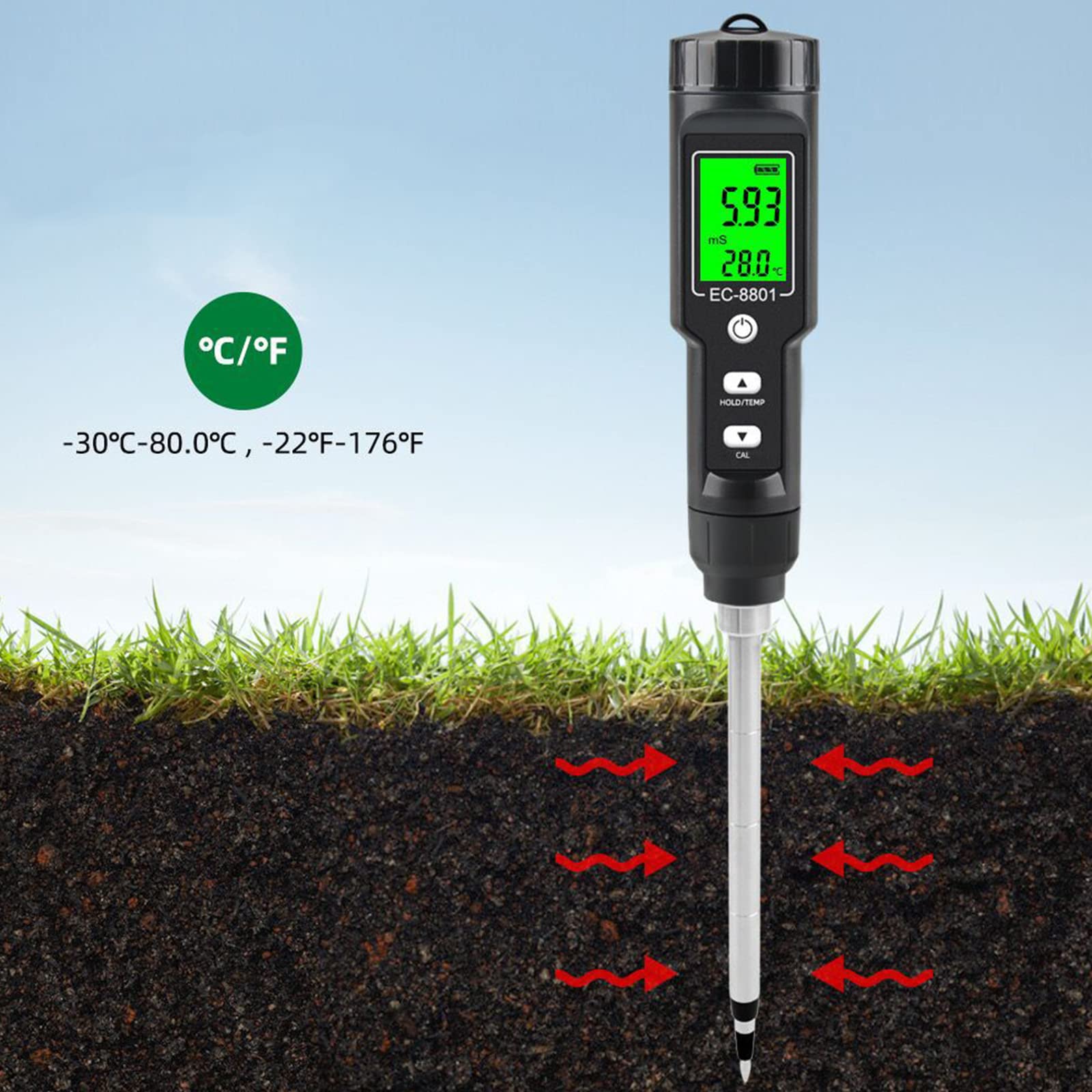 Medidor de salinidad del suelo con sonda larga, higrómetro profesional para macetas grandes, higrómetro agrícola, higrómetro para humidor de puros, termómetro de humedad interior y suelo Ec