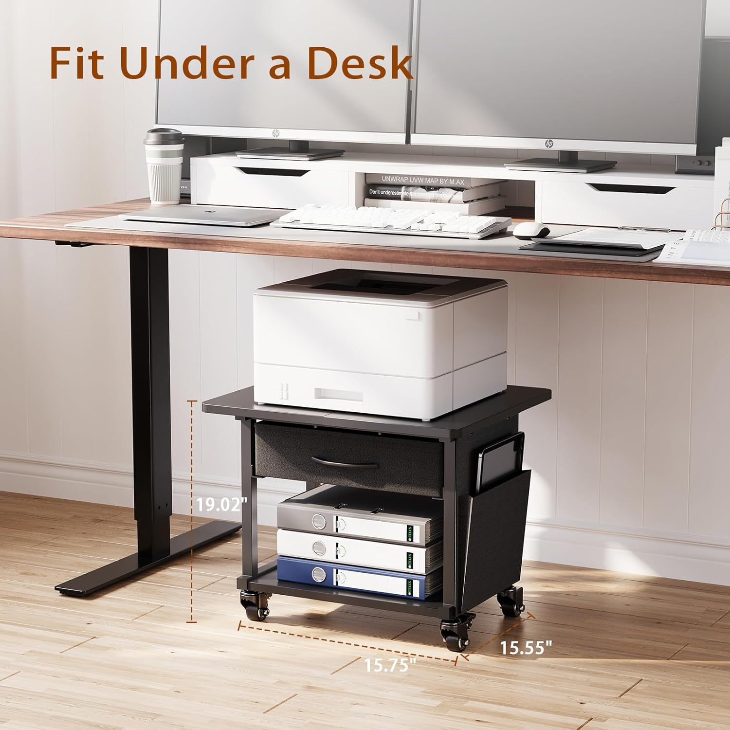 2 Tier Printer Stand with Storage Drawer - Under Desk Rolling Printer Cart for Home Office, Small Printer Table with Industrial Locking Wheels fit Fax Machine/Scanner (Black)