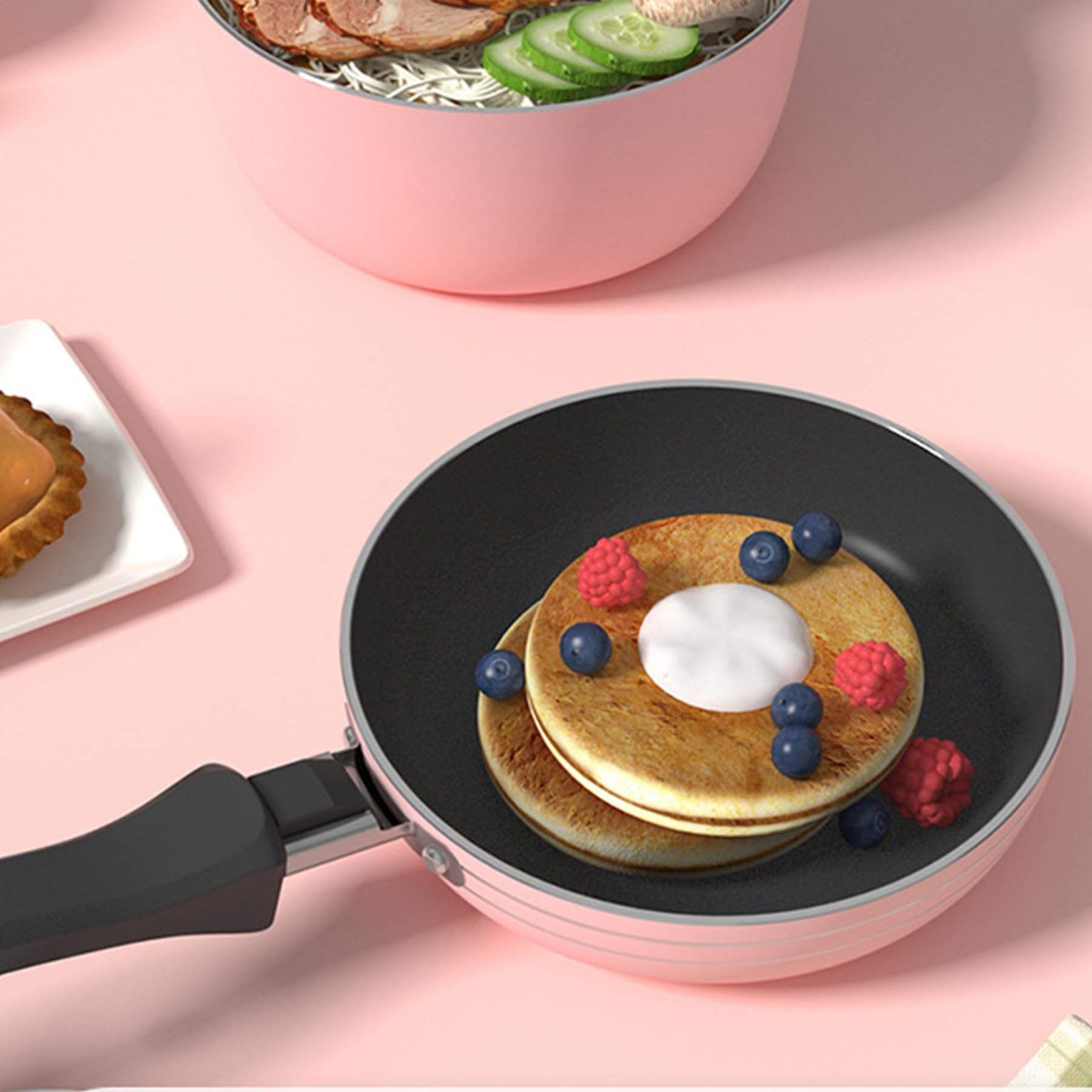 Sartén redonda de 4.7 pulgadas, sartén para huevos, antiadherente, sartén para desayunar con mango largo (rosa) 4