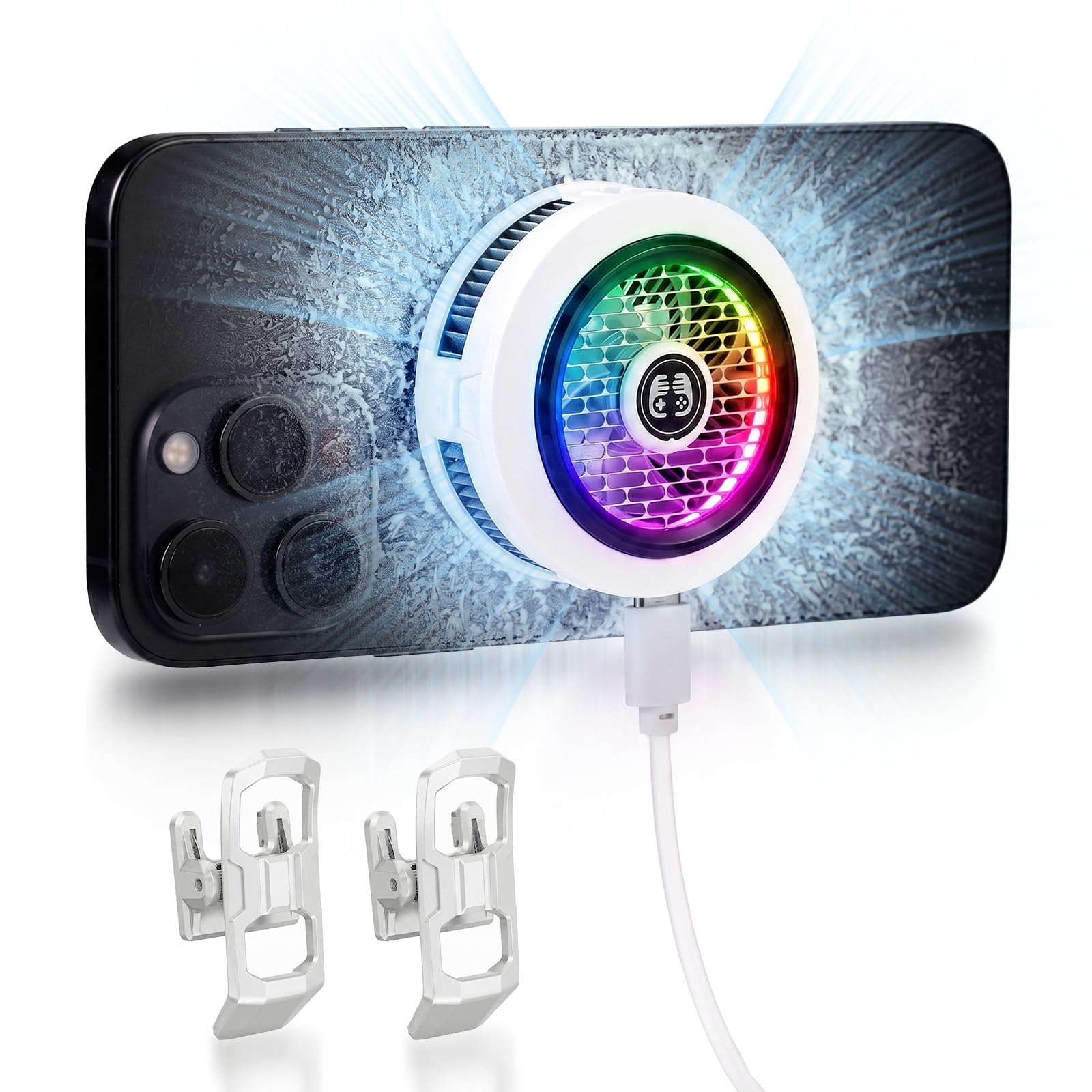 Photo 1 of Phone Cooler for Gaming, Low Noise USB Cell Phone Cooler with Smart Temp Control, Phone Cooling Fan with RGB LED Lights, Magnetic Ring & Clip Fan for Phone Gaming & Streaming (White)