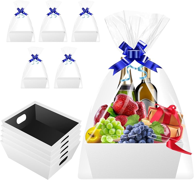 Gift Baskets Empty, 5 Pack White Baskets for Gifts, Raffle Basket Kit | Complete gift basket kit with cellophane bags and bows, ideal for Christmas, birthdays, holidays, fundraisers and DIY gifts