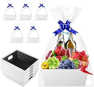 Thenshop 44 Pcs Basket For Gifts Empty Gift Basket Bulk Include 12 Cardboard Tray 12 Plastic Bags And 20 Pull Bows For Christmas Fall Halloween Birthday Wedding Party DIY Wrapping(Solid,Gold