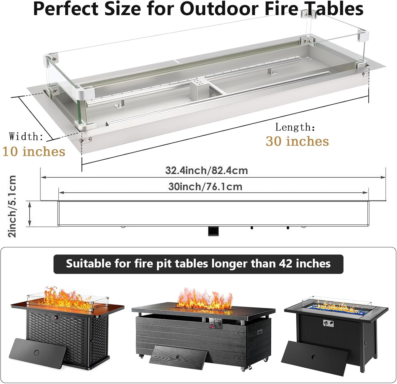 Hisencn 30 x 10 Inch Drop-in Fire Pit Kit, Premium Stainless Steel Modern Fire Trough with Tempered Glass Wind Guard, Built-in Outdoor Table Flame Feature for Patio, Backyard & Entertaining
