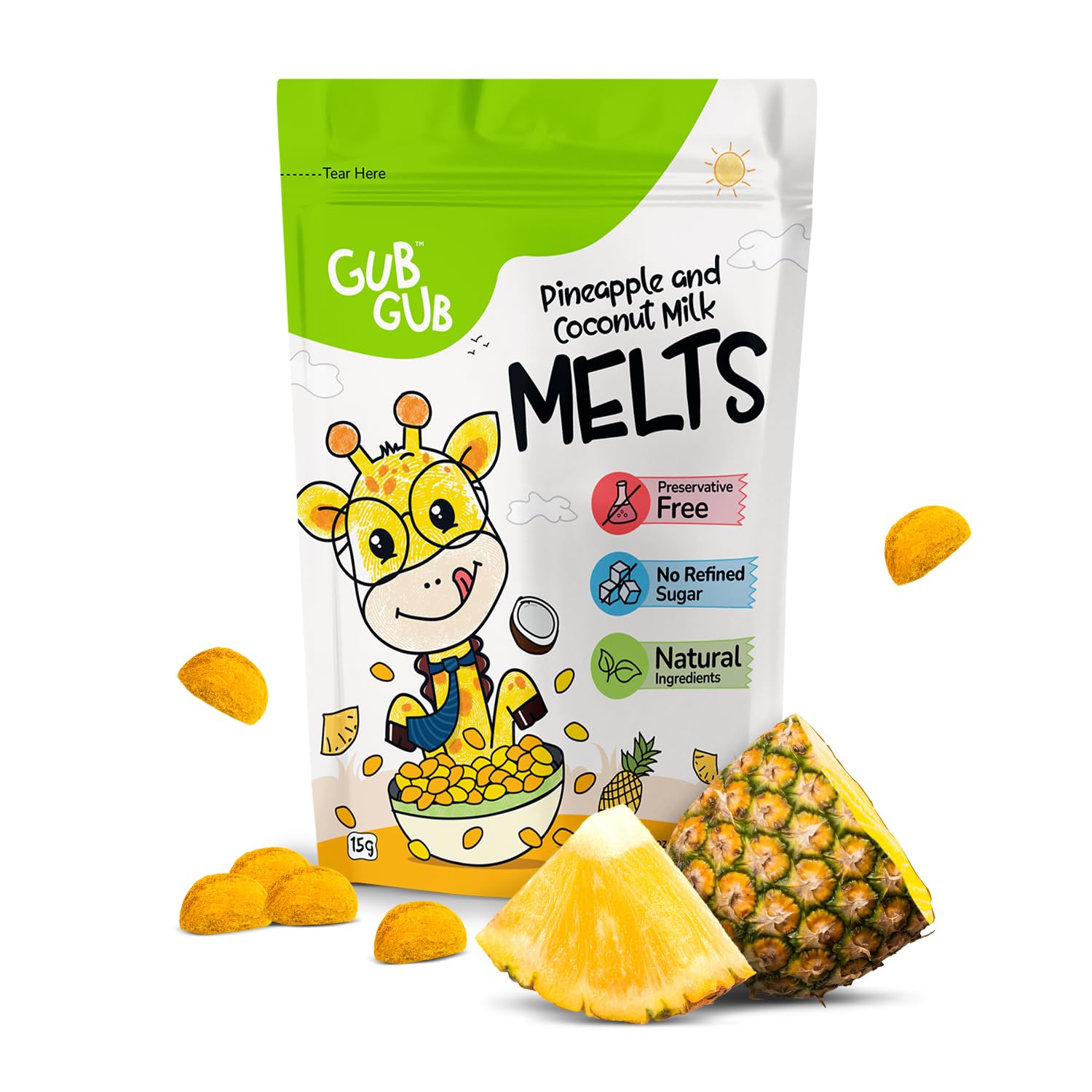 GubGub Kids Fruit Melts | Healthy Pineapple Puffs Snacks 15g | Baby & Toddler Snacks 1–12 Years | Real Fruit Pulp | No Preservatives | Travel-Friendly Pack