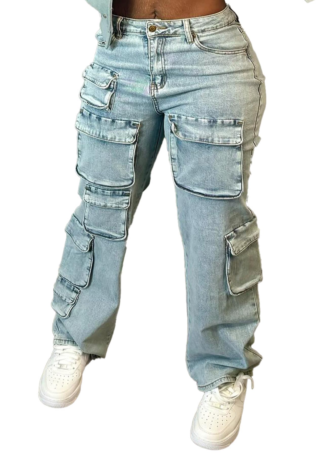 LKOUS Women's High Waisted Cargo Jeans Trendy Stretchy Straight Leg Jeans with Pockets