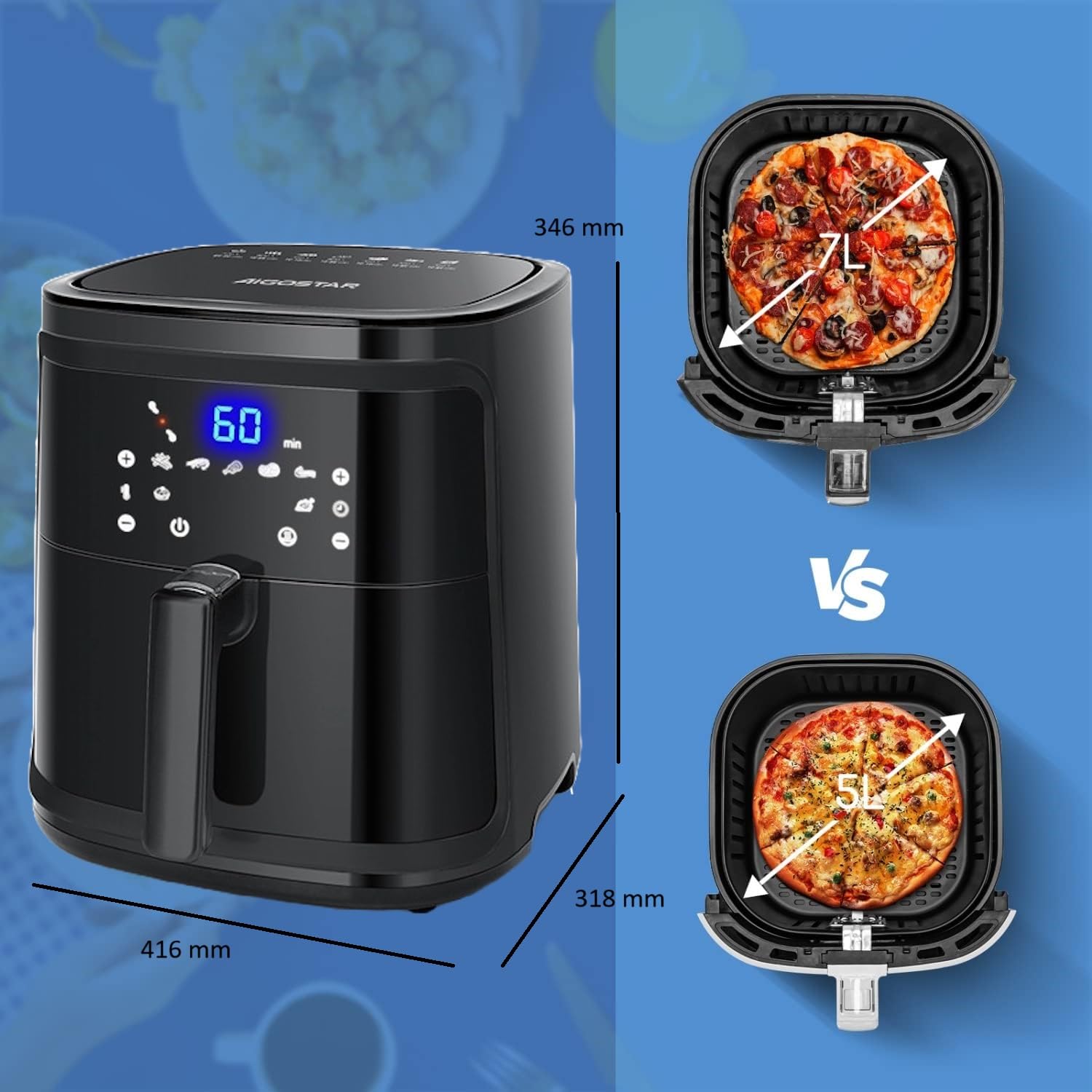 Aigostar Cube 30IBT - Freidora de aire caliente sin aceite, 7 l, 1900 W, táctil, color negro