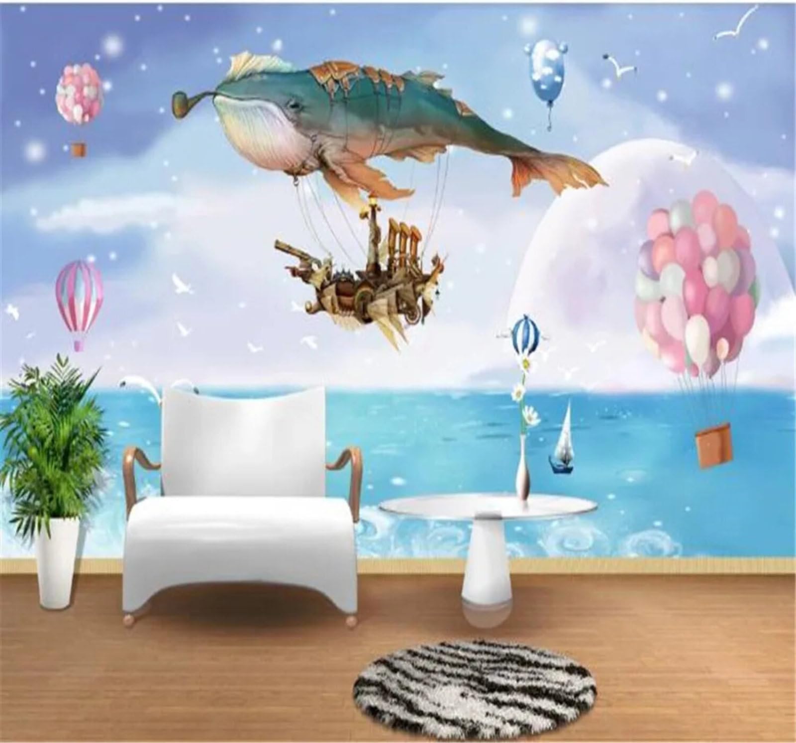Tzxztt 200Cm×140Cm(B×H) Fresh Dreamy Sea Hot Air Balloon Whale Modern 3D Wallpaper Premium Textured Silk Neutral Tones Material Ideal For Living Room Bedroom-200Cm×140Cm