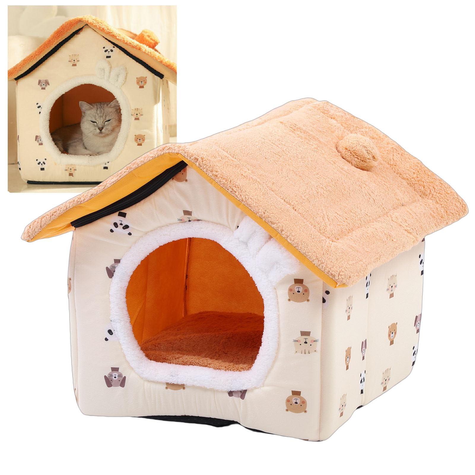 lyrlody Cuccia per Gatti Chiusa, Cuccia per Gatti in Peluche Lavabile con Imbottitura Rimovibile, Rifugio Accogliente per Fino a 16,5 Libbre (Taglia M gialla)