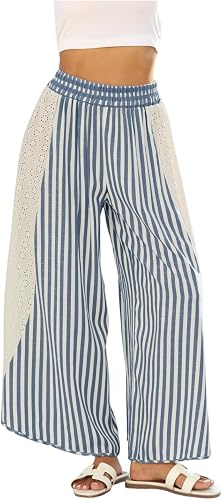 Womens Linen Pants Palazzo Gaucho High Waisted Striped Pants Summer Wide Leg Dra