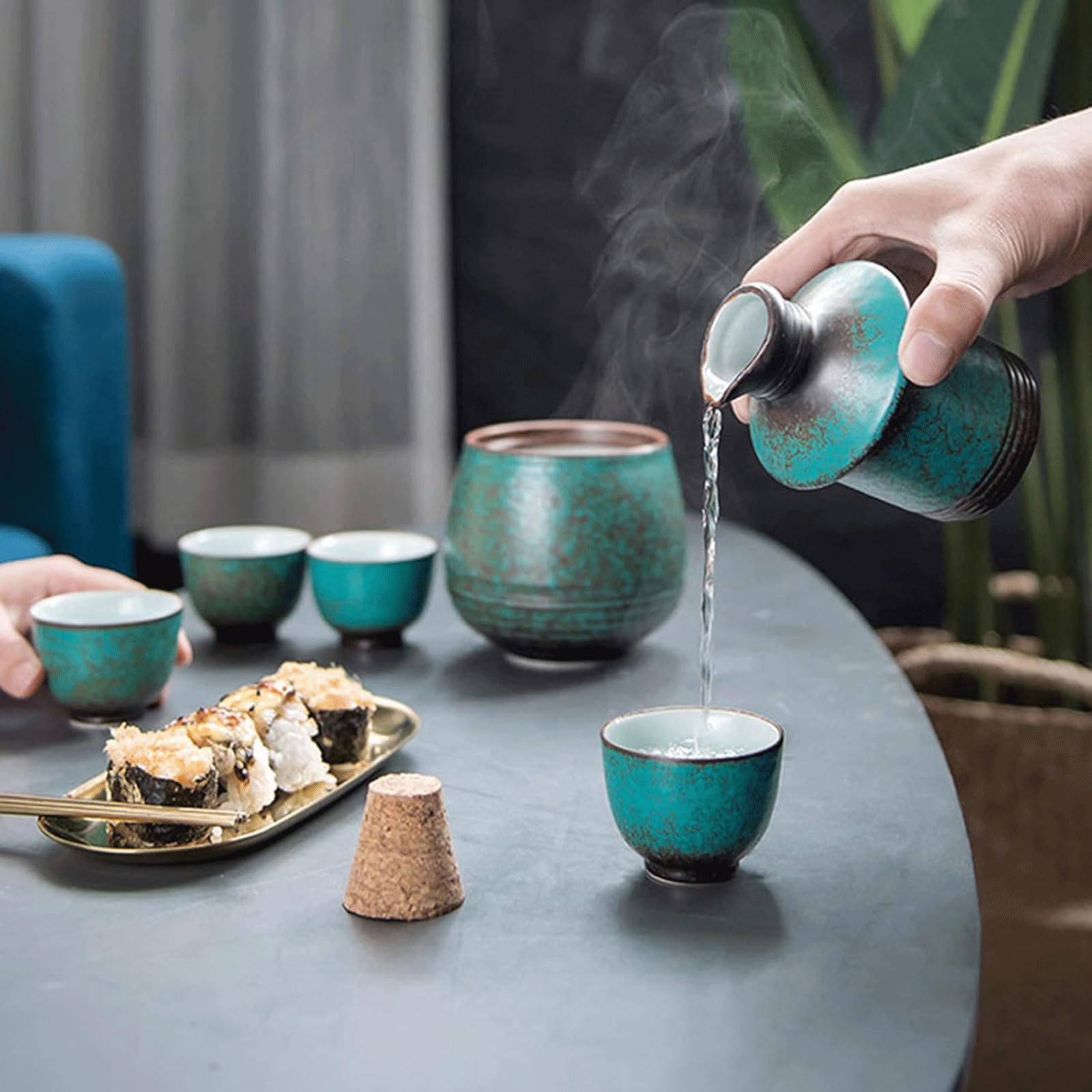 esmen Service à saké Japonais Traditionnel, 6 pièces et 4 Tasses, Coffret Cadeau en céramique avec Bol Chauffant pour Les Amateurs de saké