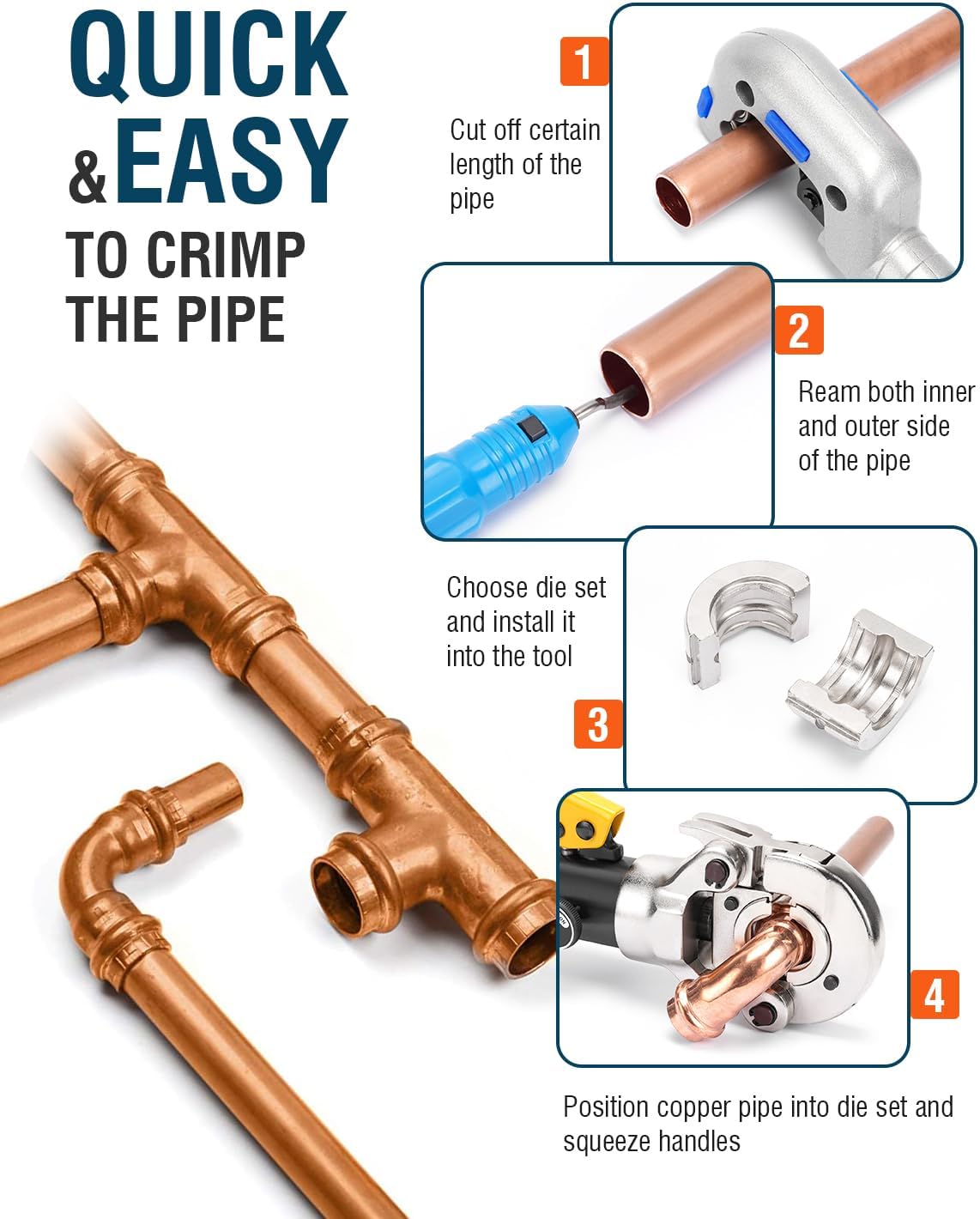 Hydraulic Copper Tube Fittings 1/2, 3/4, 1" Press Crimping Tool Kit Pex Pipe Crimper Pressing Pliers Stainless PEX Press Sleeves for Copper Pipe with Pipe Cutter