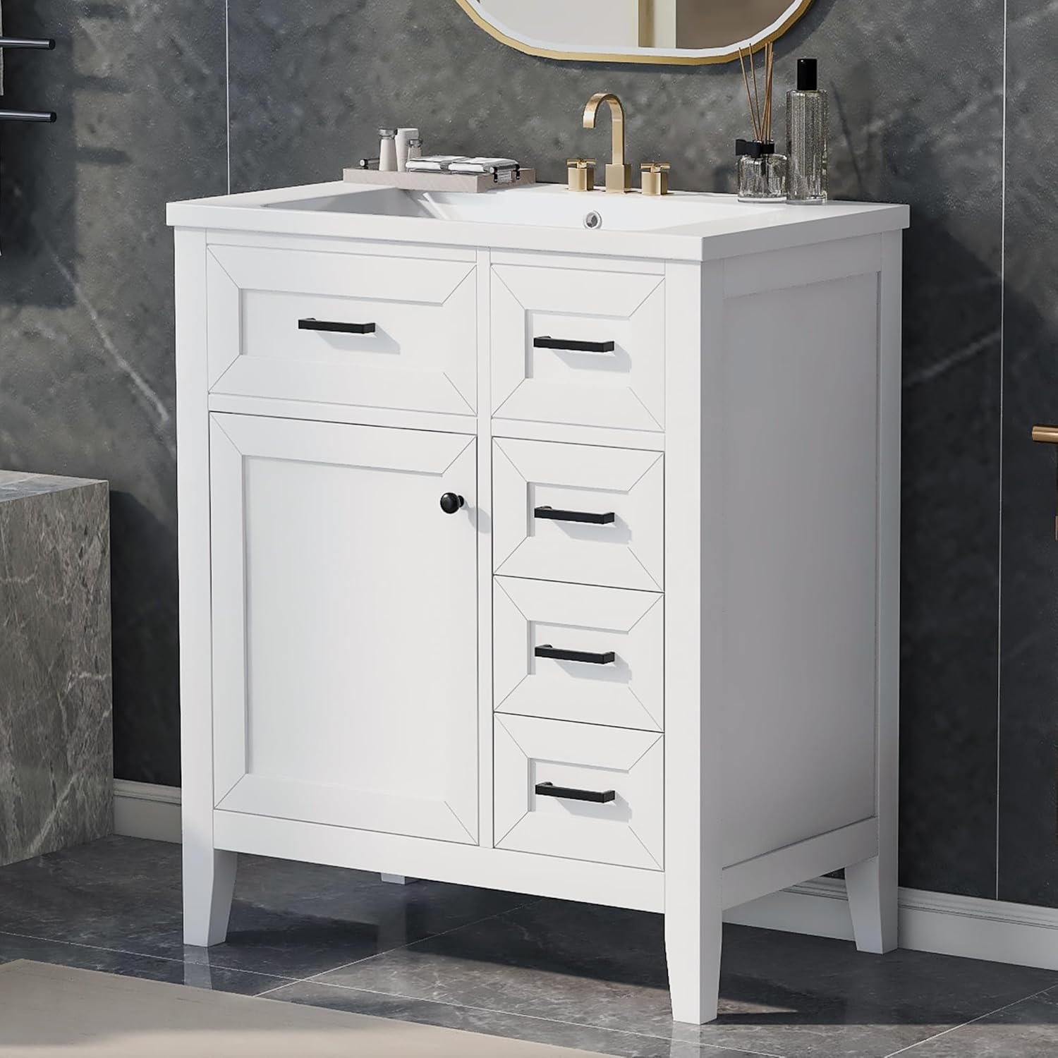 Yozma 30 inch Bathroom Vanity with Sink White, Modern Wooden Bathroom Storage Cabinet Organizer with 3 Drawers and One Soft Closing Doors, Solid Wood Frame Bathroom Vanities with Ceramic Basin