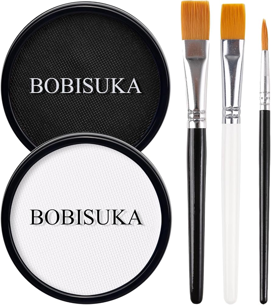 BOBISUKA 블랙 화이트 페이스 바디 페인트, 수성 페이스 페인팅 키트 바디 페인트, 브러시 포함, 무독성 페이스 페인트, 할로윈 파티 광대 조커 고스 스컬 SFX 메이크업 코스튬 코스프레 무대 드레스업 — 사진 1