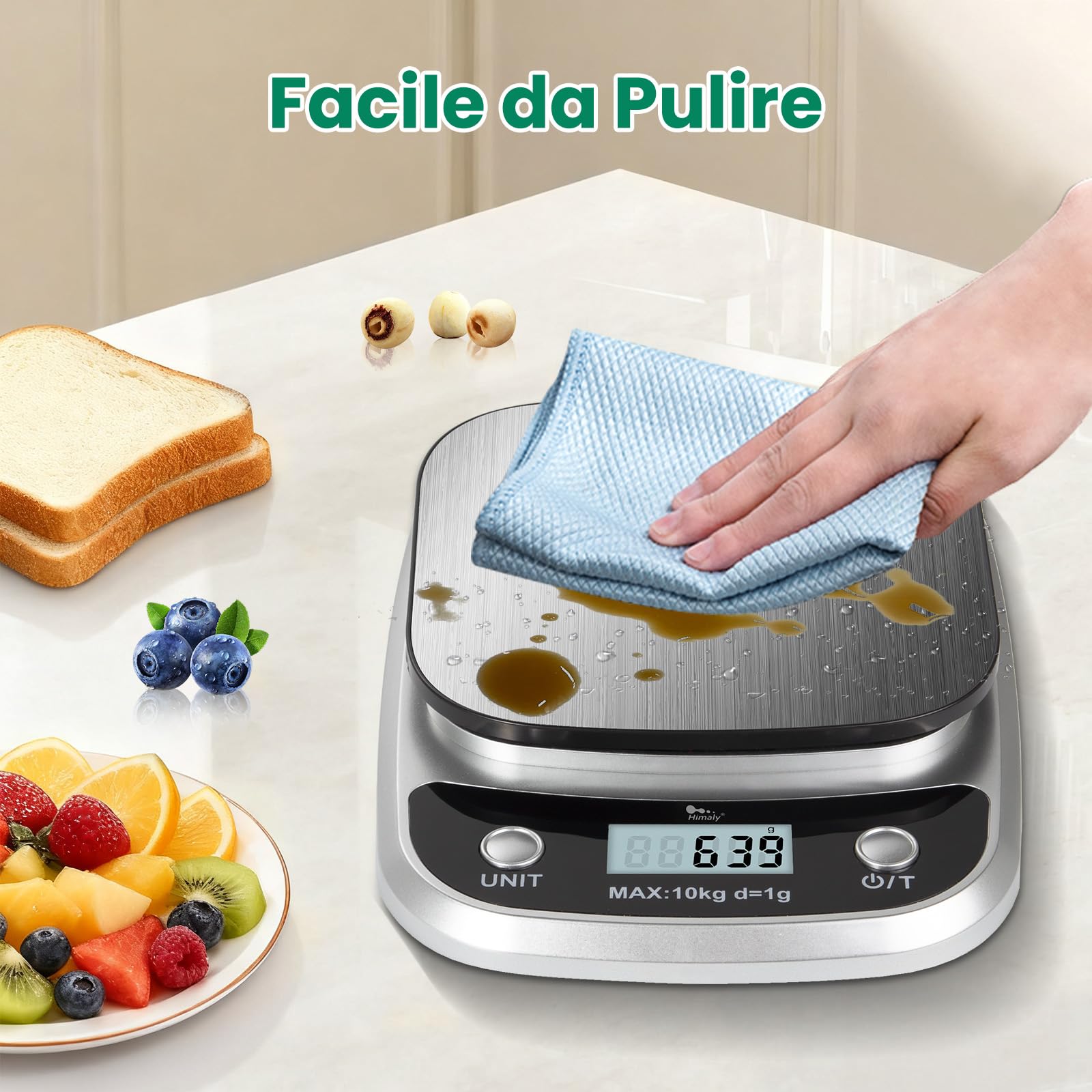 Himaly Bilancia da Cucina Digitale, 10Kg/1g Bilancia Elettronica Alta Precisione Misurazione Display LCD Multifunzione Bilancia da Cucina Professionale, Acciaio Inossidabile + ABS, Grigio Argento