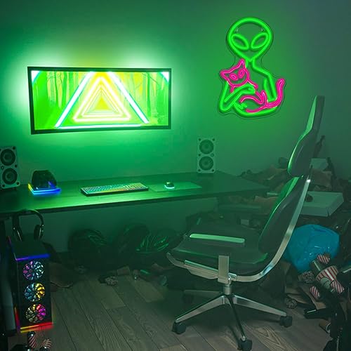 Miniatura 7 de Letrero de neón de alienígena para decoración de pared, regulable, luces LED de gato para dormitorio, luz de neón verde para sala de juegos, cueva