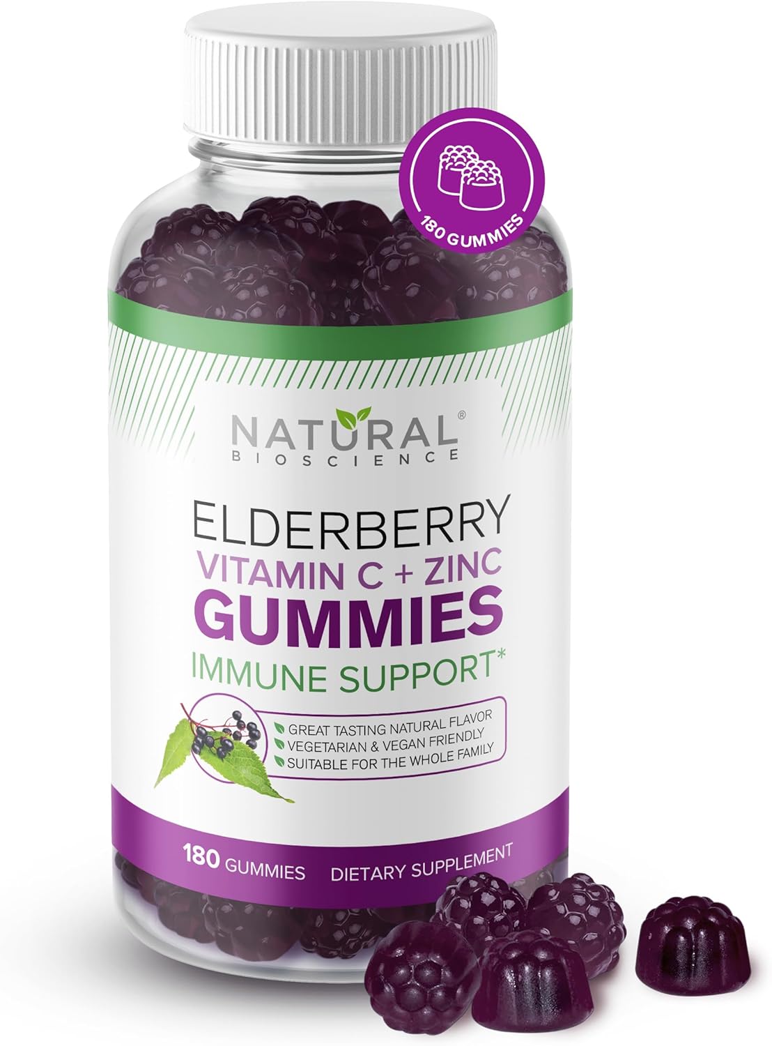 Sambucus Elderberry Gummies with Vitamin C & Zinc, Immune Support for Adults & Kids, Daily Antioxidant & Wellness Boost, 180 Vegan, Gluten-Free, Chewable Elderberry Gummies