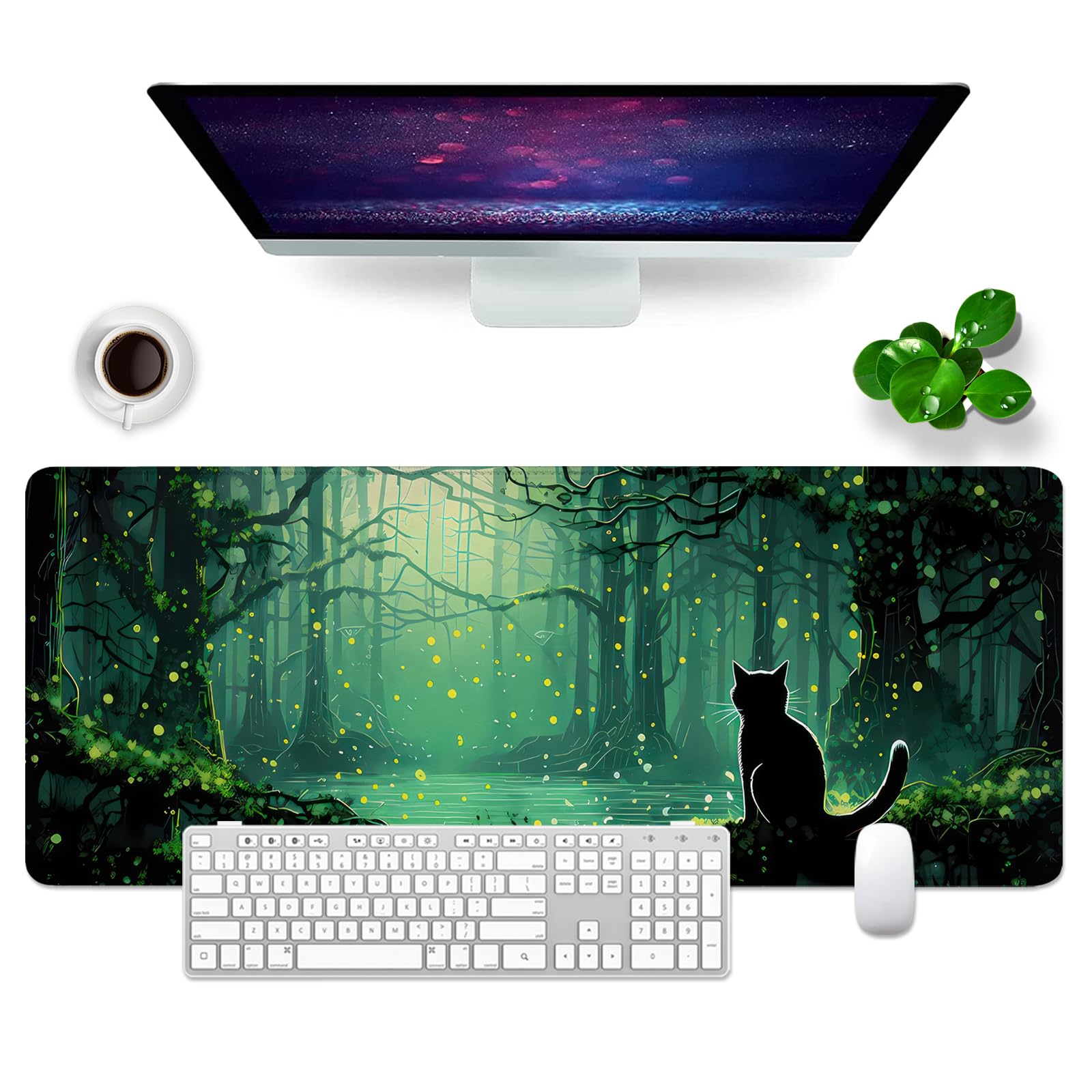 Schreibtischunterlage xl Mauspad Katze 80x30 cm Groß Gaming Mousepad PC Professionelle Gamer Mauspad Schreibtisch Zubehör Bürodekoration (Katze und Wald)