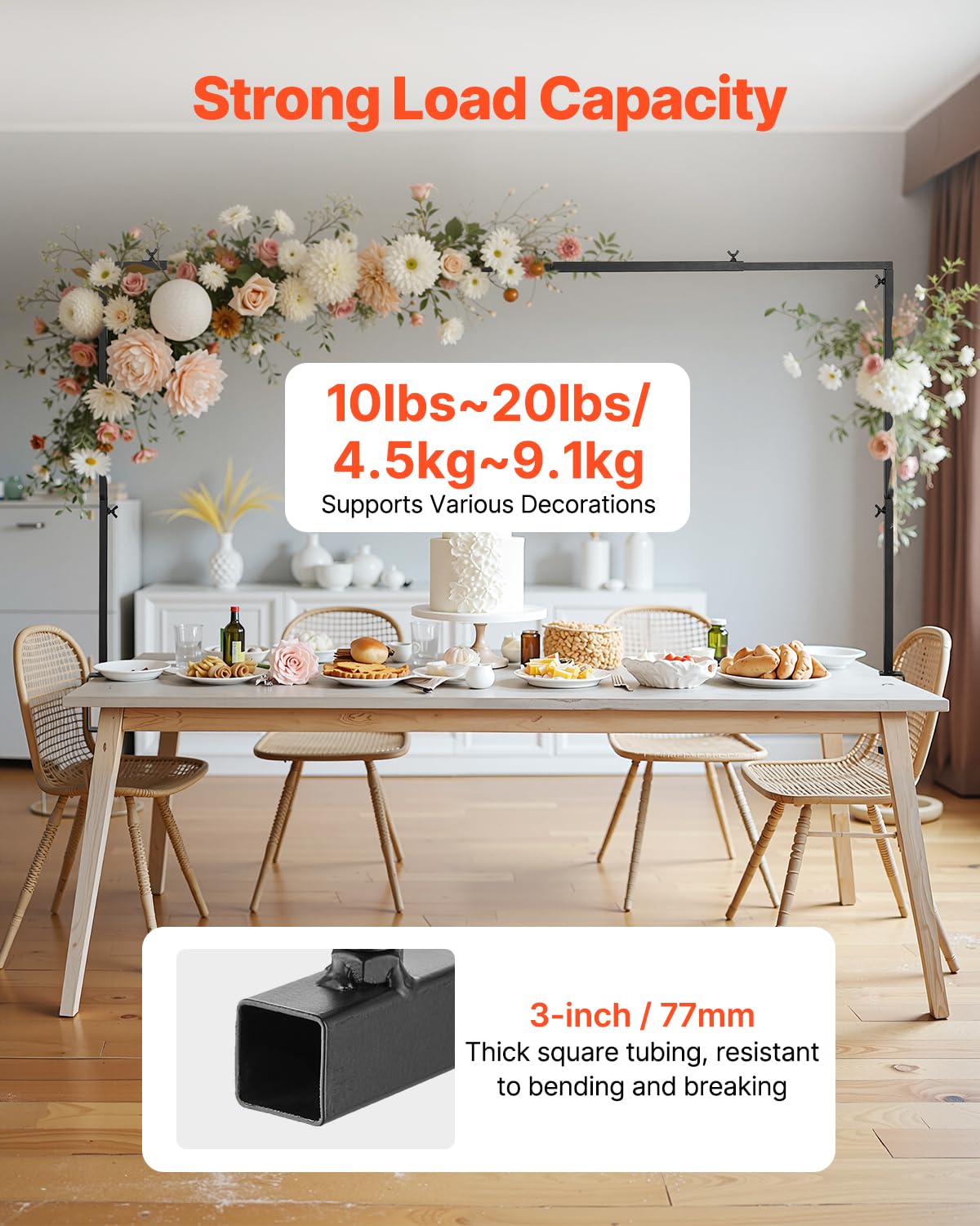 VEVOR Support Tige de Table avec Pinces, Support Arche de Table, 2 PCS, Hauteur Réglable 330-1066,8 mm Longueur Réglable 711,2-2489,2 mm, Cadre Arche Métal, pour Déco Mariage, Anniversaire, Noël, Noir