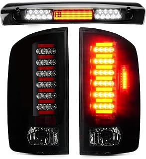 Bomusou LED Tail Light + 3rd Third Brake Light for Dodge Ram 1500 2002-2006, Dodge Ram 2500 3500 2003-2006 Taillight Assembly and High Mount Stop Light, 3 Pcs, Chrome Housing Smoke Lens