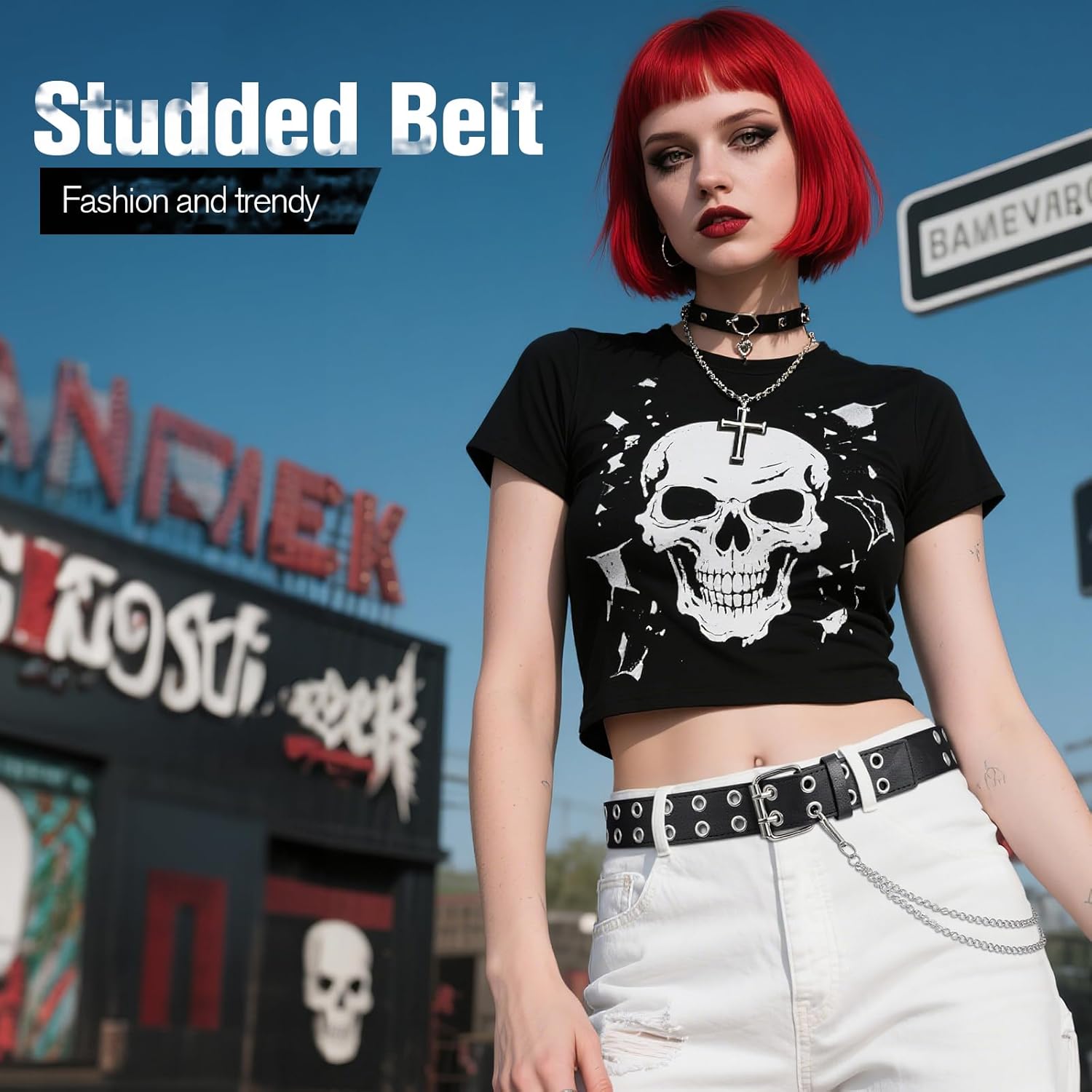 SANSTHS Women Double Grommet Studded Belts, Black Leather Belt for Women Men Punk belt - Image 4