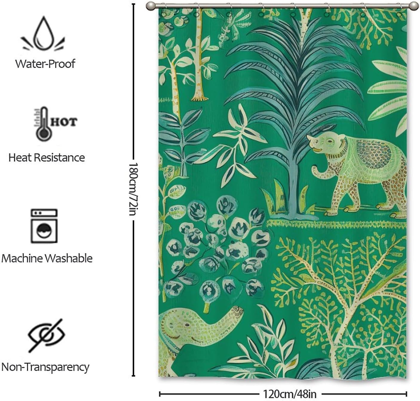 Green Goa Primitive Flora and Fauna Elephant Shower Curtain Set Chinoiserie Style Shower Curtains for Bathroom Asian Bath Curtains Bathroom Decor Polyester Fabric Shower Curtains image 2