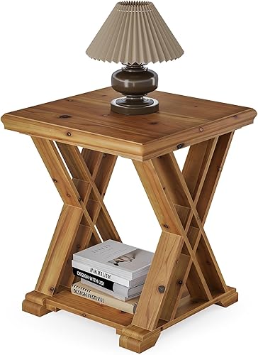 Miniatura 8 de LITTLE TREE Mesa auxiliar de madera maciza, mesa auxiliar cuadrada pequeña, mesita de noche estrecha de 2 niveles para sala de estar, mesita de