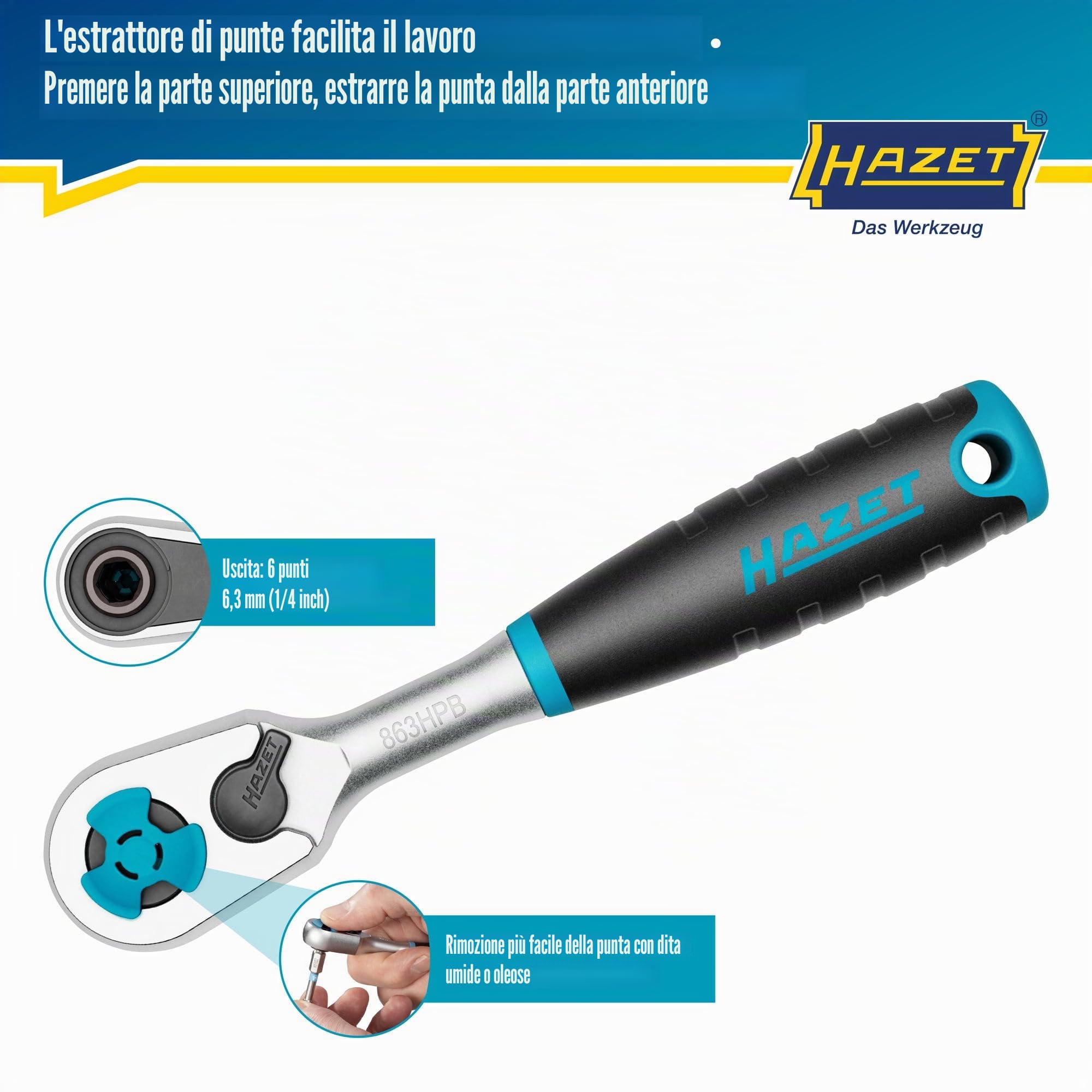 HAZET HiPer cricchetto reversibile a denti fini 863HPB per punte, Uscita:esagono 6,3 mm (1/4 di pollice), angolo di lavoro ridotto 4,estremamente resistente,Per l'utilizzo negli spazi più ristretti