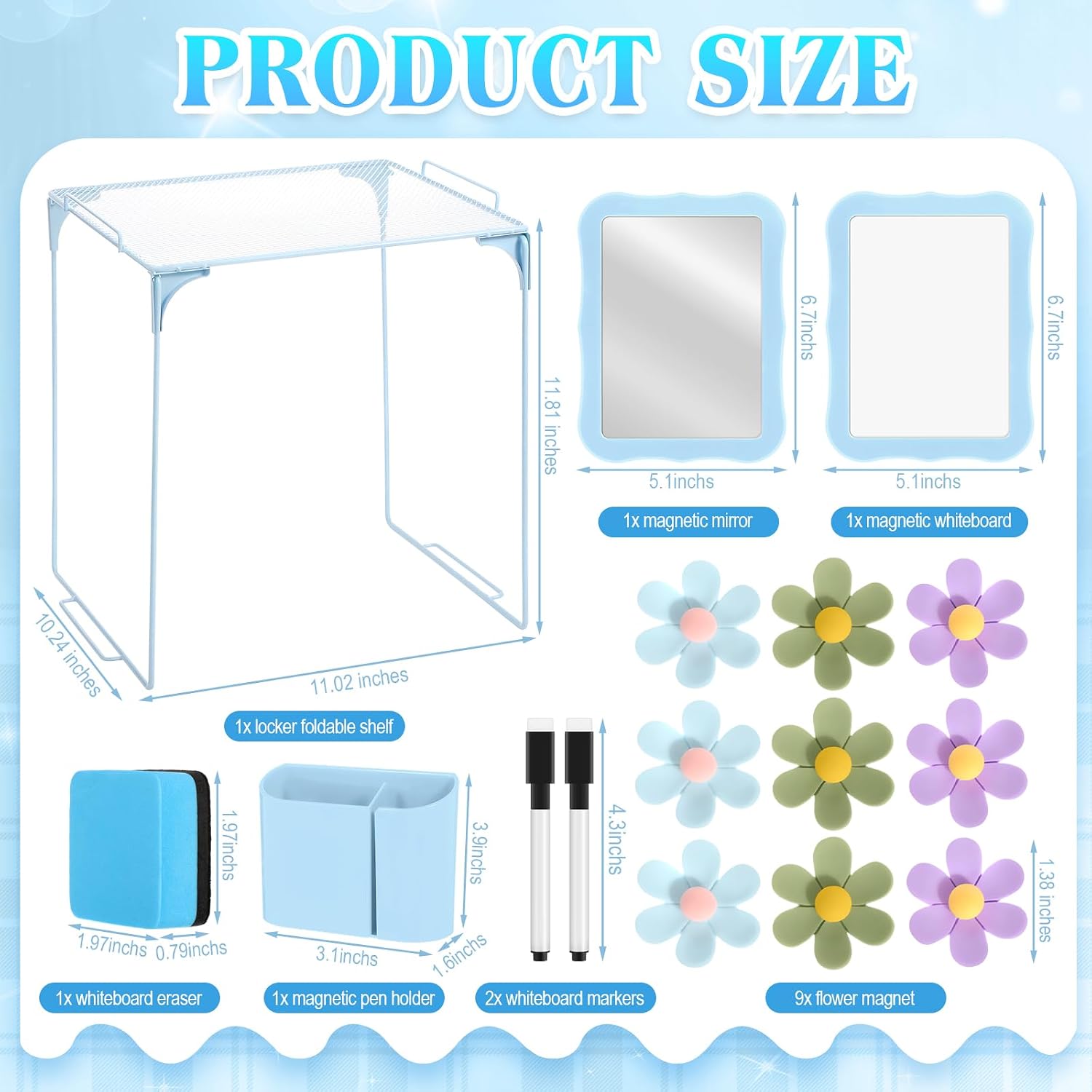 Colarr 16 Pcs Blue Locker Accessories for Girls Includes Magnetic Whiteboard & Mirror Locker Shelf Pen Holder 2 Dry Erase Marker & Eraser 9 Flowers for Back to School Essentials Decoration