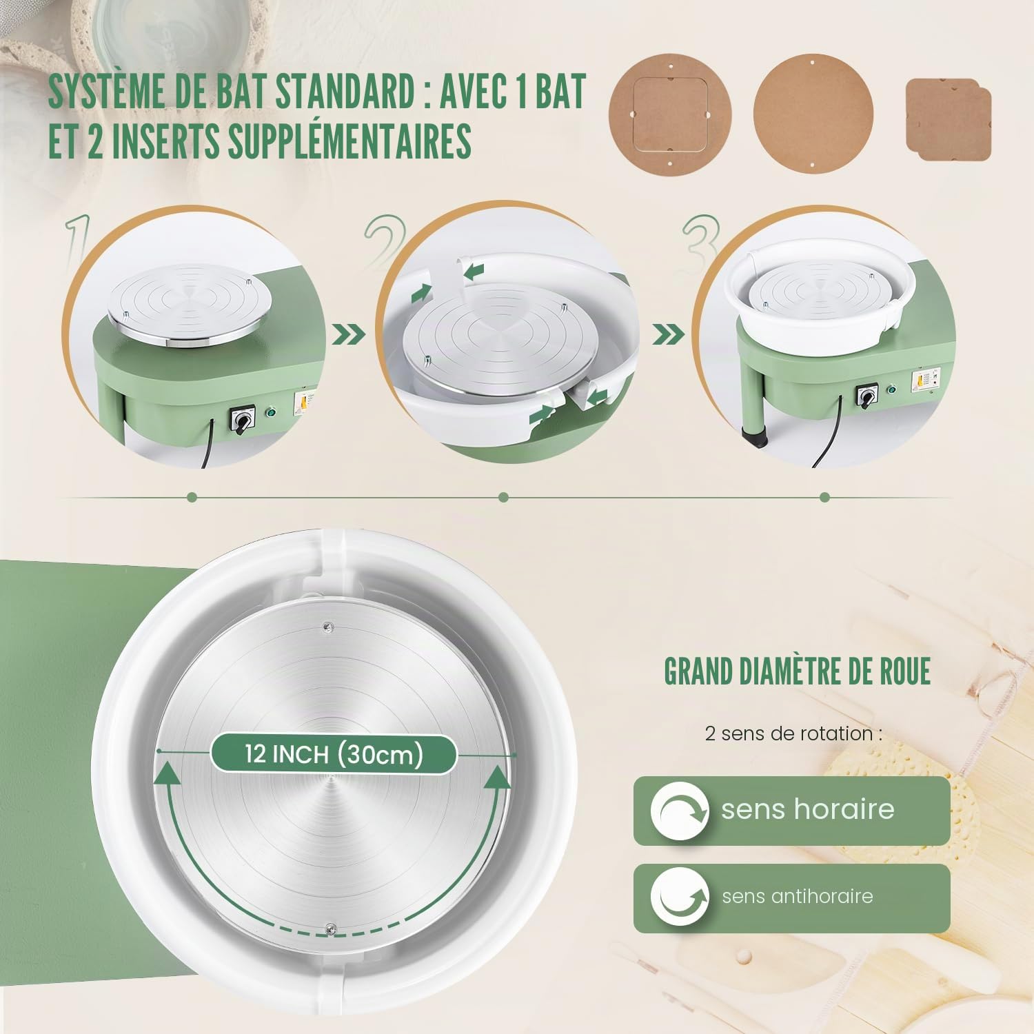 Huanyu Roue de poterie de 30 cm avec système de battes Roue de poterie électrique de 350 W pour adultes et débutants Roue de potier professionnel avec kit d'outils de poterie (Vert)