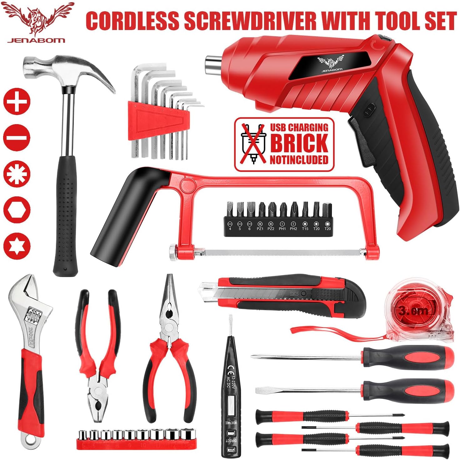 Household Tool Set with 3.6V USB Electric Screwdriver, 43 PCS Home Kit with Cordless Drill Driver, Hand Tool Kits for Women