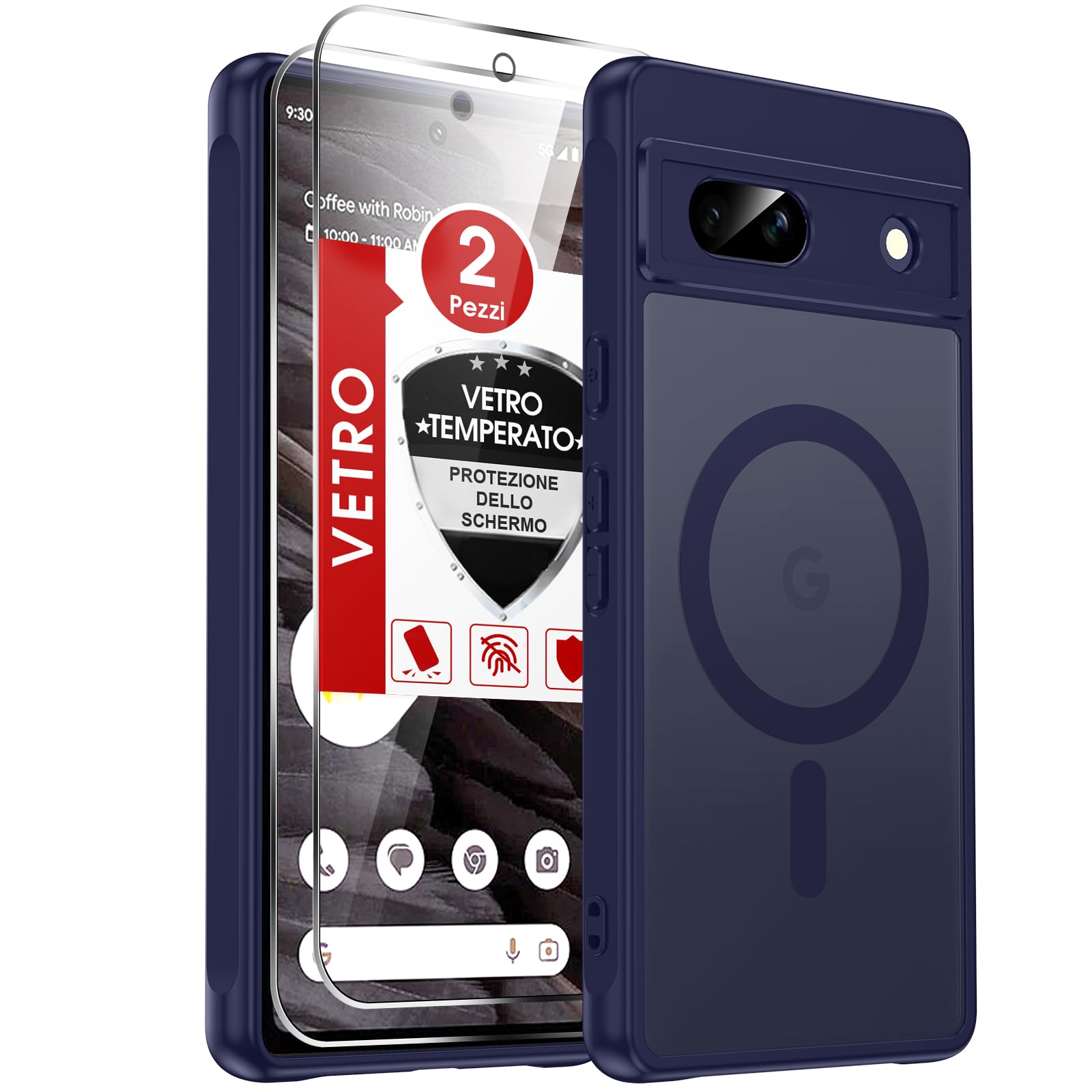 LeYi Cover Magnetica per Google Pixel 7A con 2 Pezzi Vetro Temperato (Blu) | Custodia per Pixel 7A Traslucida Opaca Anti-Impronte Resistente ai Graffi Paraurti in TPU Antiurto Protettiva Case
