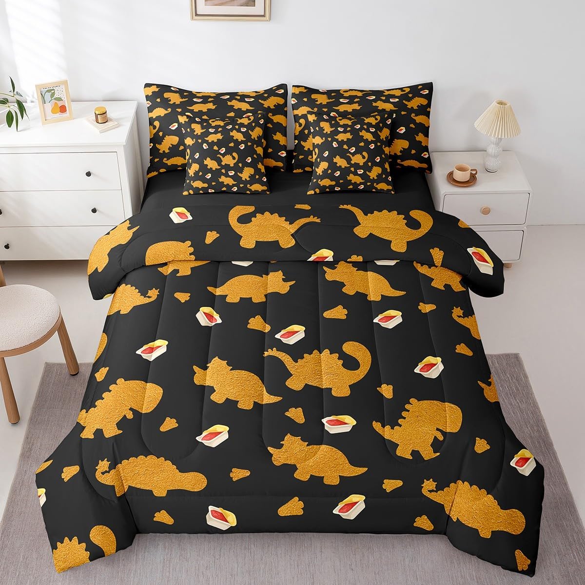 Caroon Chicken Nugget Comforter Set Full Size, 7-Piece Dino Nugget Gifts Bedding Kids Funny Food Ketchup Sauce Bedding Sets Bed in a Bag(1 Comforter,2 Sheets,2 Pillowcases,2 Throw Pillow Covers)
