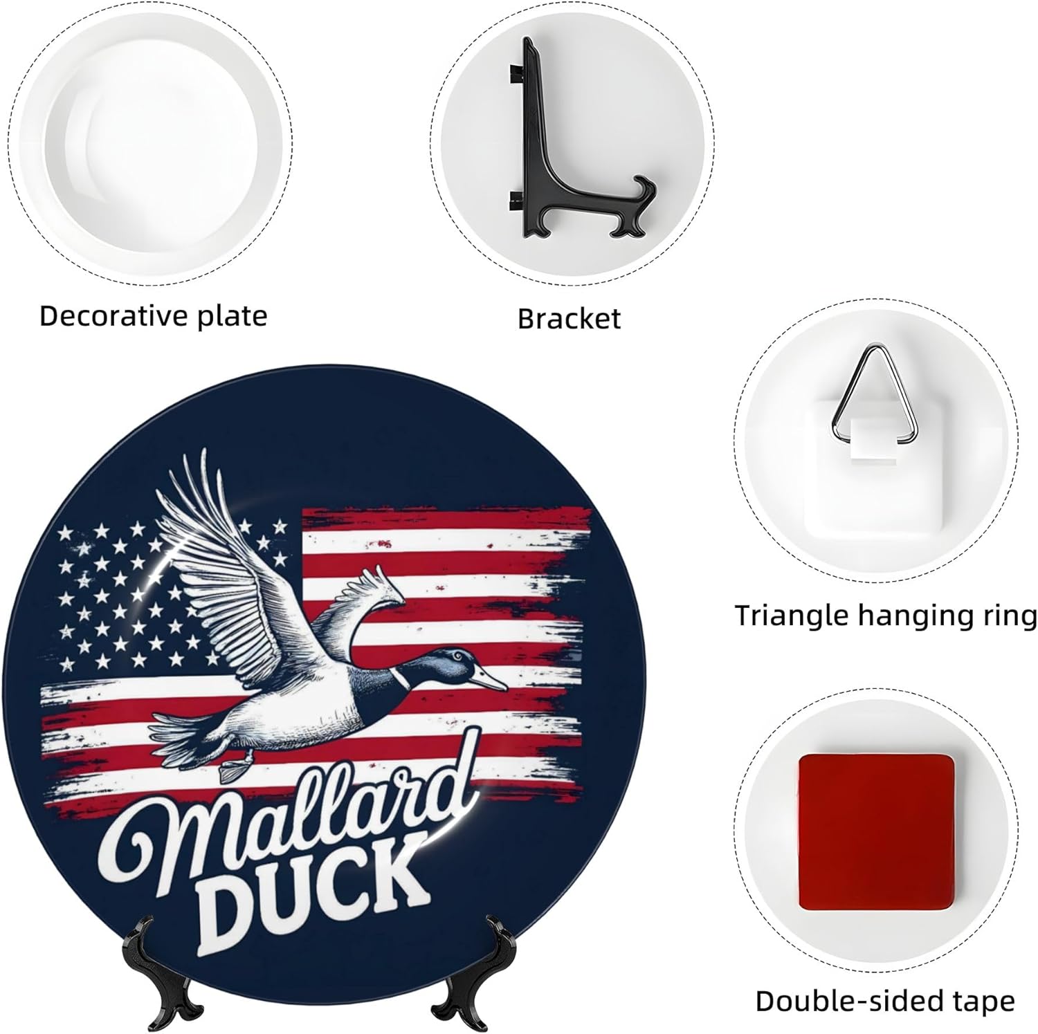 Decorative Plate Ceramic Plate for Wall Hanging 10in Accent Plate for Office Living Room Hallway Table Decor - Mallard Duck With American Flag
