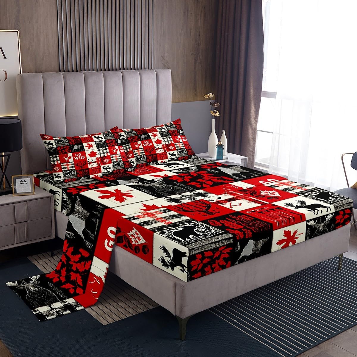 Cheetah Print Bed Sheets Queen,Red Black Leopard Bedding Sheets For Girls Boys Women Teens Bedroom,African Safari Animal Print Bed Sheet Set Retro Wildlife Fitted Sheet + Flat Sheet + 2 Pillow Cases