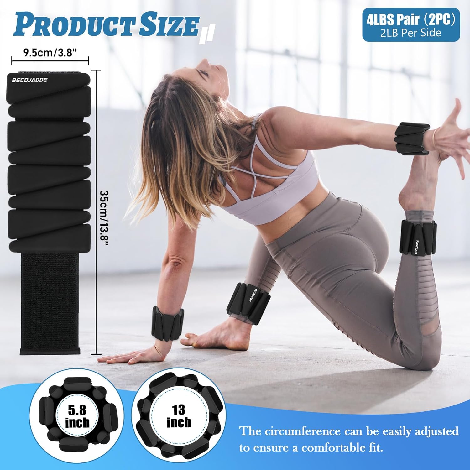 BECOJADDE Ankle Weights Set of 2 (1 lb/2 lb/3 lb Each) Adjustable Wrist Weights for Women Men Wearable Arm Leg Weight for Pilates, Running, Walking, Workout, Yoga