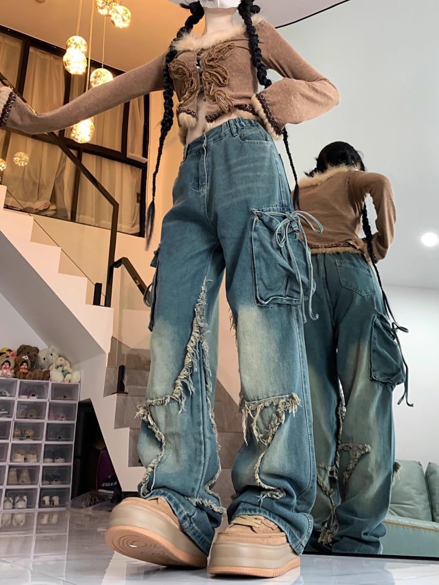 Y2K Baggy Ripped Jeans for Women – Wide Leg Butterfly Print & Star Patch Distressed Denim Pants High Waist Streetwear - Image 6