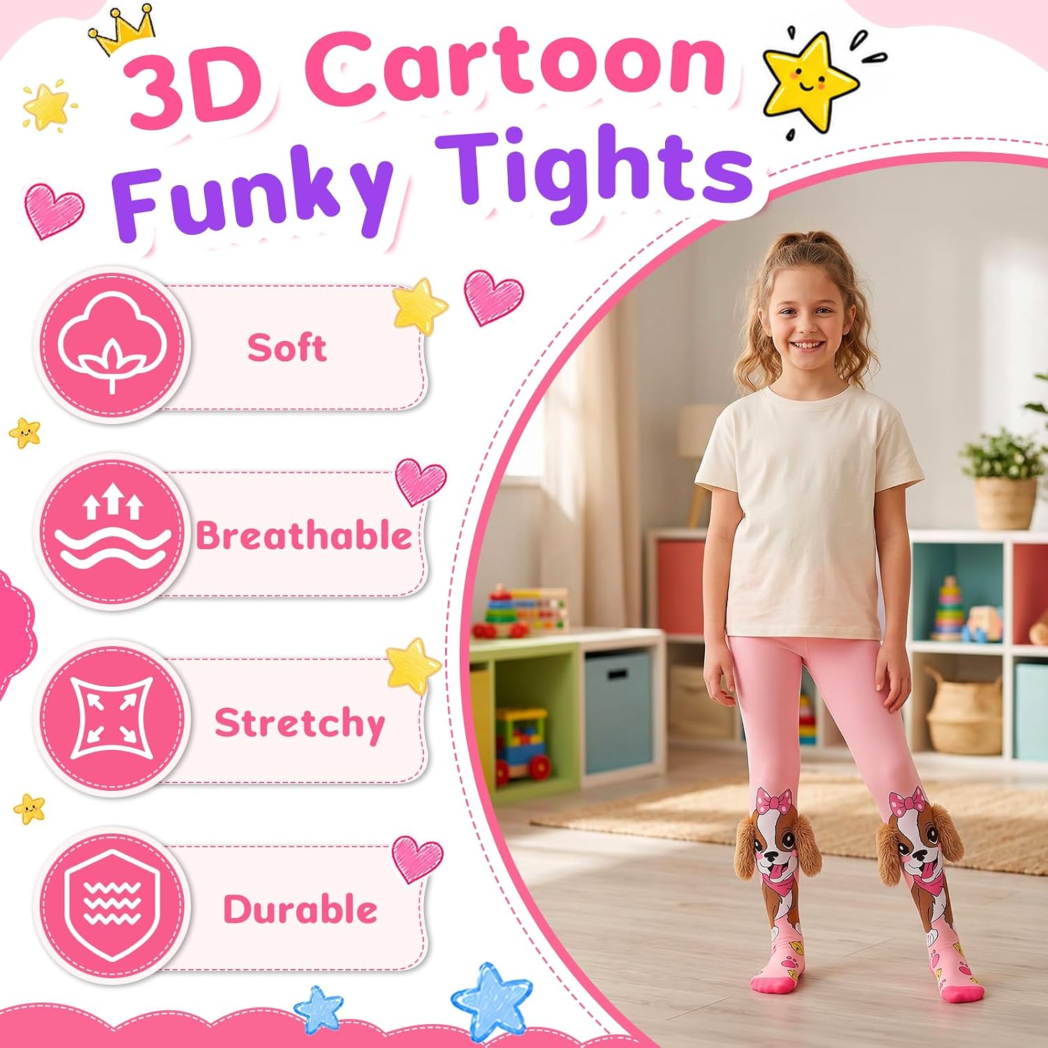 FunisFun Girls Tights, Crazy 3D Cartoon Funky Tights, Soft Stretchy Leggings for Kids Girls Daily Wear Size 4-12