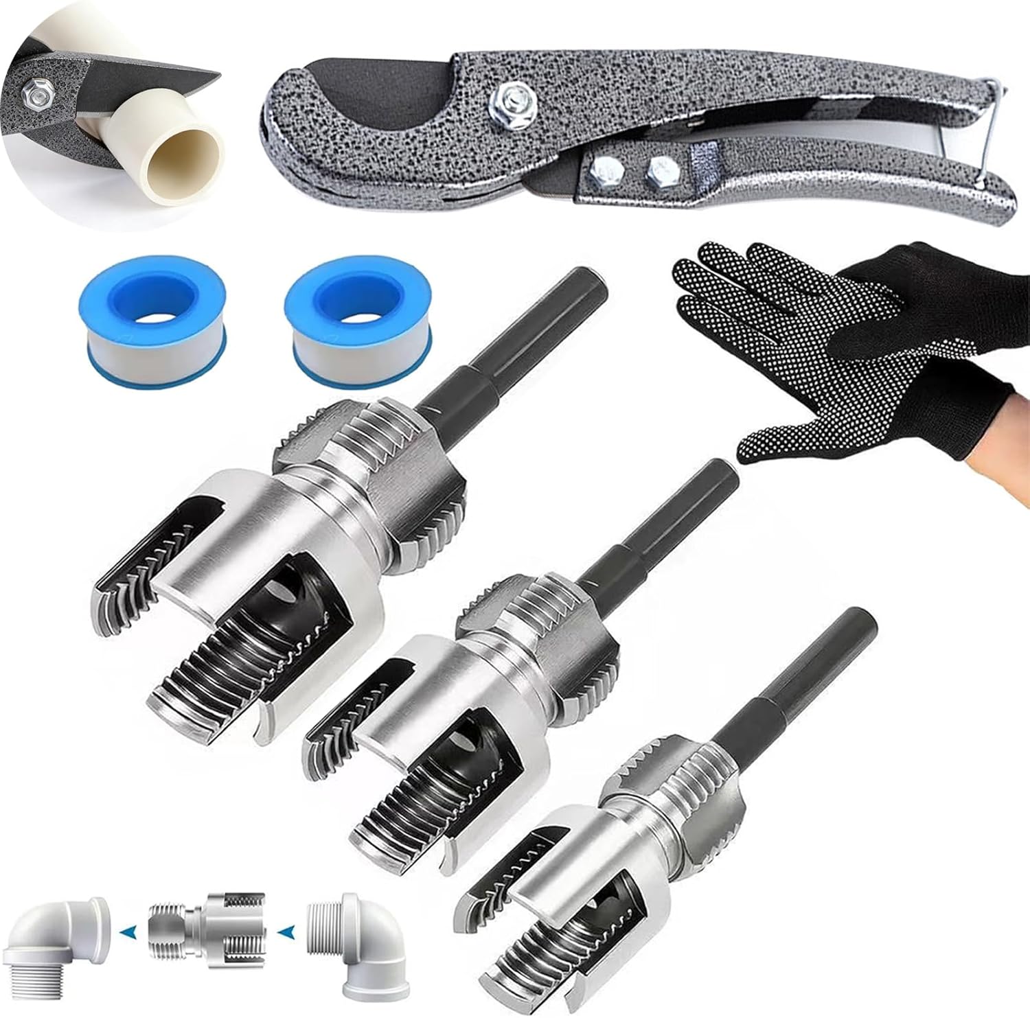 2026 New Pipe Tapping and Threading Tool, 4 in 1 Water Pipe Threaders Internal & External Pipe Threader for 1/2", 3/4", 1" Sizes Plastic Pipes for All Electric Drill (1/2"+3/4"+1"+Pipe Cutter)