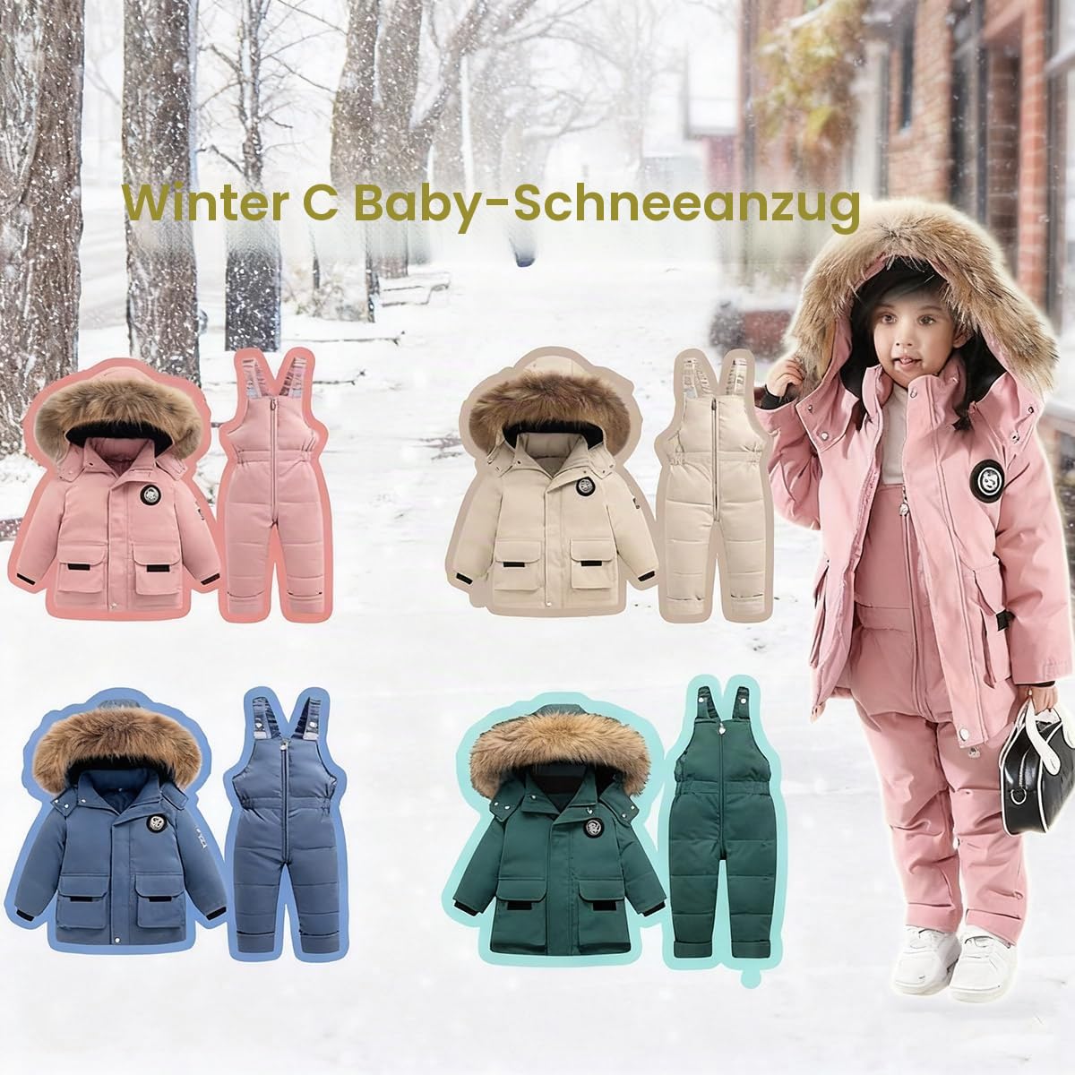 Baby Schneeanzug 2 Teiler Skianzug Mit Kapuze Winddicht Daunenjacke Mantel mit Schnee Lätzchen Hose Skihose Kapuzenjacke Schneehose Schneekleidung Winteranzug für Jungen Mädchen 24 Monate-5 Jahre