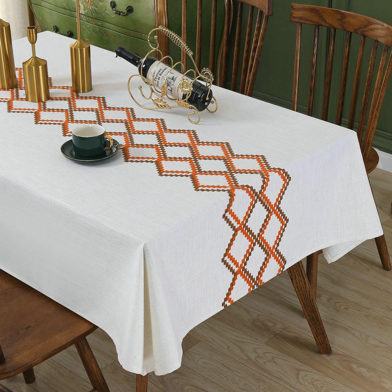 Nappe Rectangulaire Brun Orange en Lin pour Cuisine 140 x 220 cm