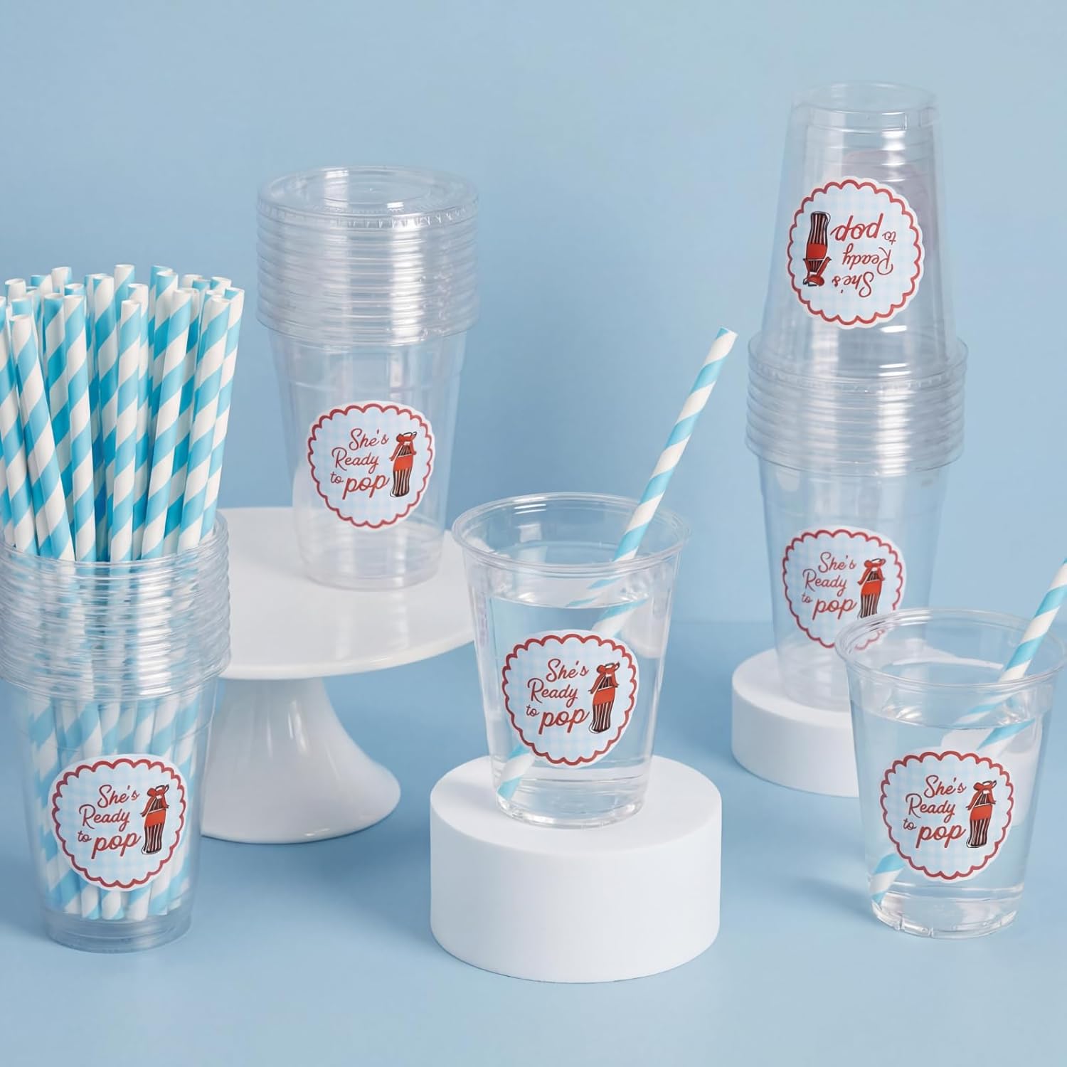 Willinglong 50pcs She's Ready to Pop Baby Shower 12 oz Disposable Plastic Cups with Straws for Soda Theme Boy or Girl Gender Reveal Pregnancy Bachelorette Party Supply (Blue)