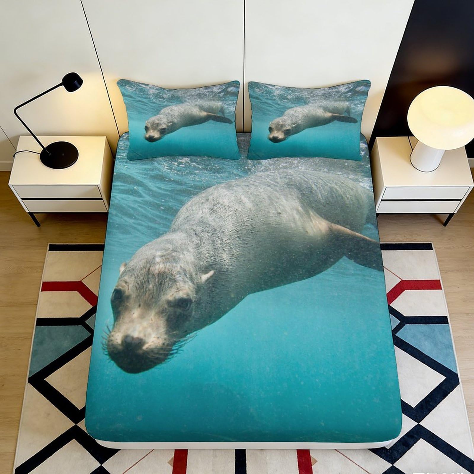 Decorative Sea Otter Fitted Sheet 3D Printed Microfiber Soft Touch for Bedroom, Guest Room Bedding, Wrinkle Resistant, Easy Care, Bed Cover 90x200x25cm