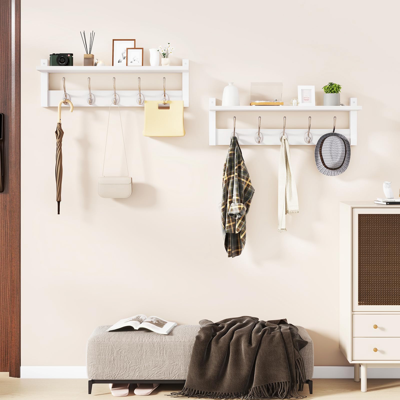 YMYNY 2 en 1 Grand Porte Manteau Mural Bois, Blanc HWS004W-2 | Patère murale avec 10 crochets doubles, porte manteau pour Salle de bain, Entrée, Chambre