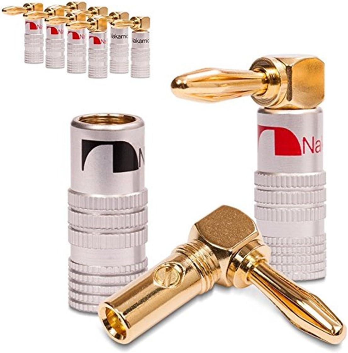 4 pcs 24K Gold 90 Degree Right Angle Audio Speaker Banana Plugs Audio Jack Connector for Speaker Cable, Corrosion-Resistant, 2 Black and 2 Red