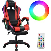 Gaming Chair, Computer Chair with Footrest and Lumbar Support, Height Adjustable Game Chair with 360 Swivel Seat and Headrest, High Back Office Chair with Bluetooth Speakers and LED Lights Red
