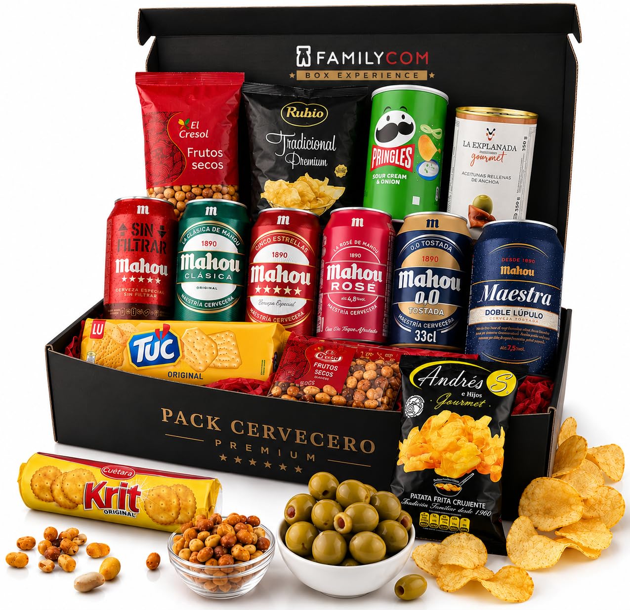 FAMILYCOM Cesta Cervezas Mahou. Cesta con frutos secos y snacks. Surtido de Cervezas Mahou 5 Estrellas para regalar. Regalo original para Él, Ella, Día del Padre, cumpleaños, San Valentín