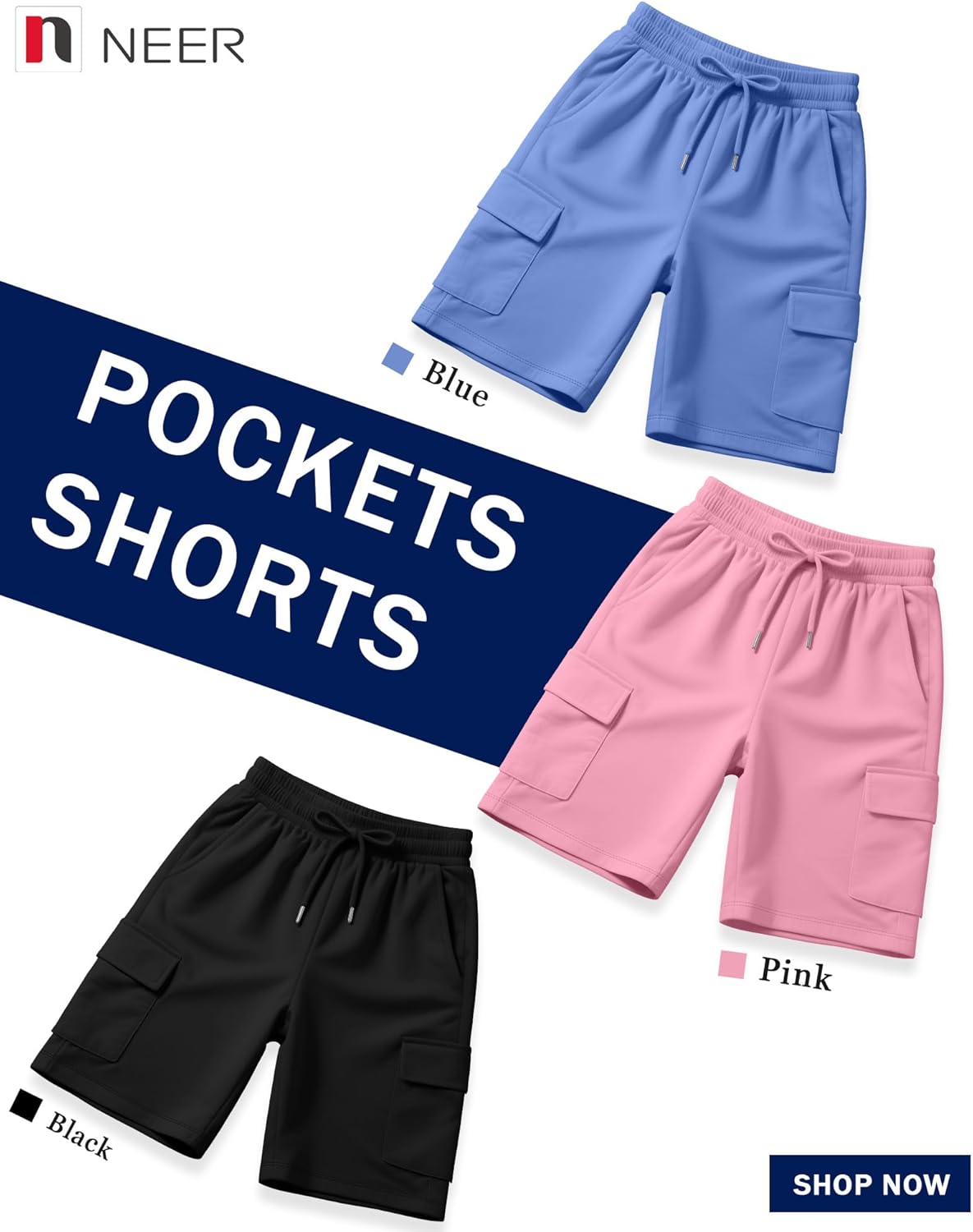 Neer 3 Pack Women's Bermuda Shorts Cargo Elastic Drawstring Knee Length Shorts Casual Loose Yoga SweatShorts with 4 Pockets - Image 5