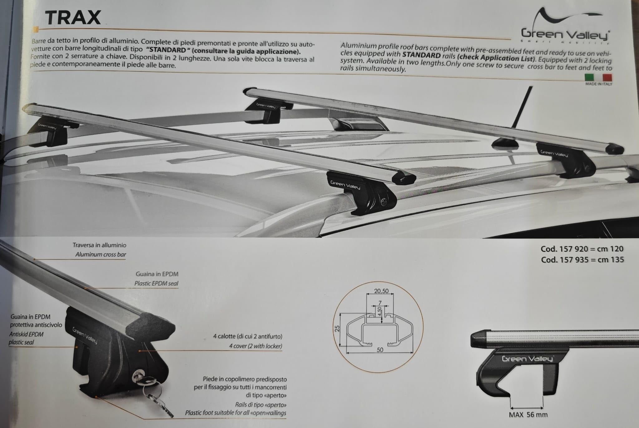 Barre portapacchi portatutto universali 135cm per auto con rails integrati aperti con serratura antifurto
