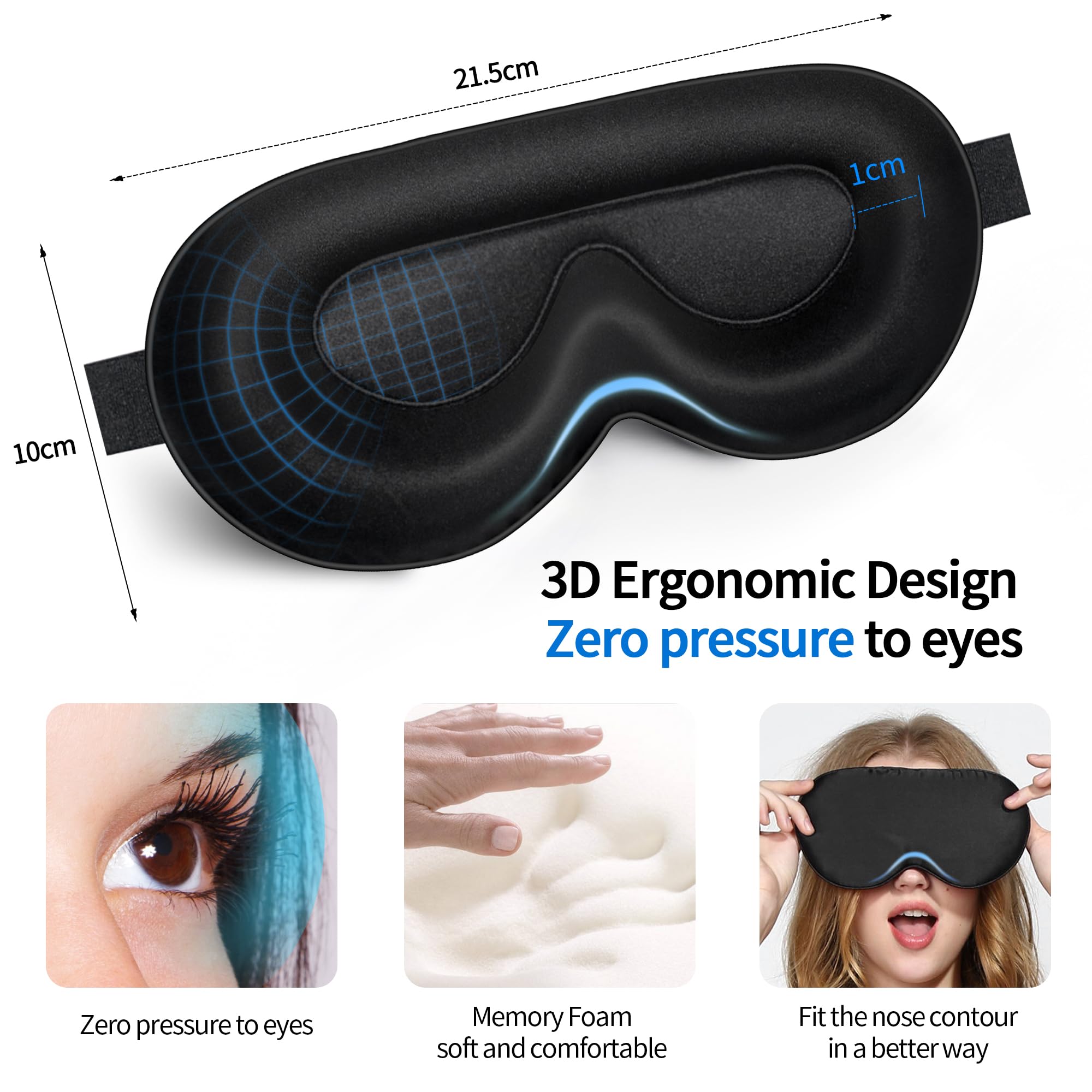 townsslik 3D sonno maschera per gli occhi,doppia faccia 19 mm seta di gelso di lusso,nessuna interferenza con le ciglia,confortevole per gli occhi,tracolla regolabile,adatto uomini,donne bambini,nero